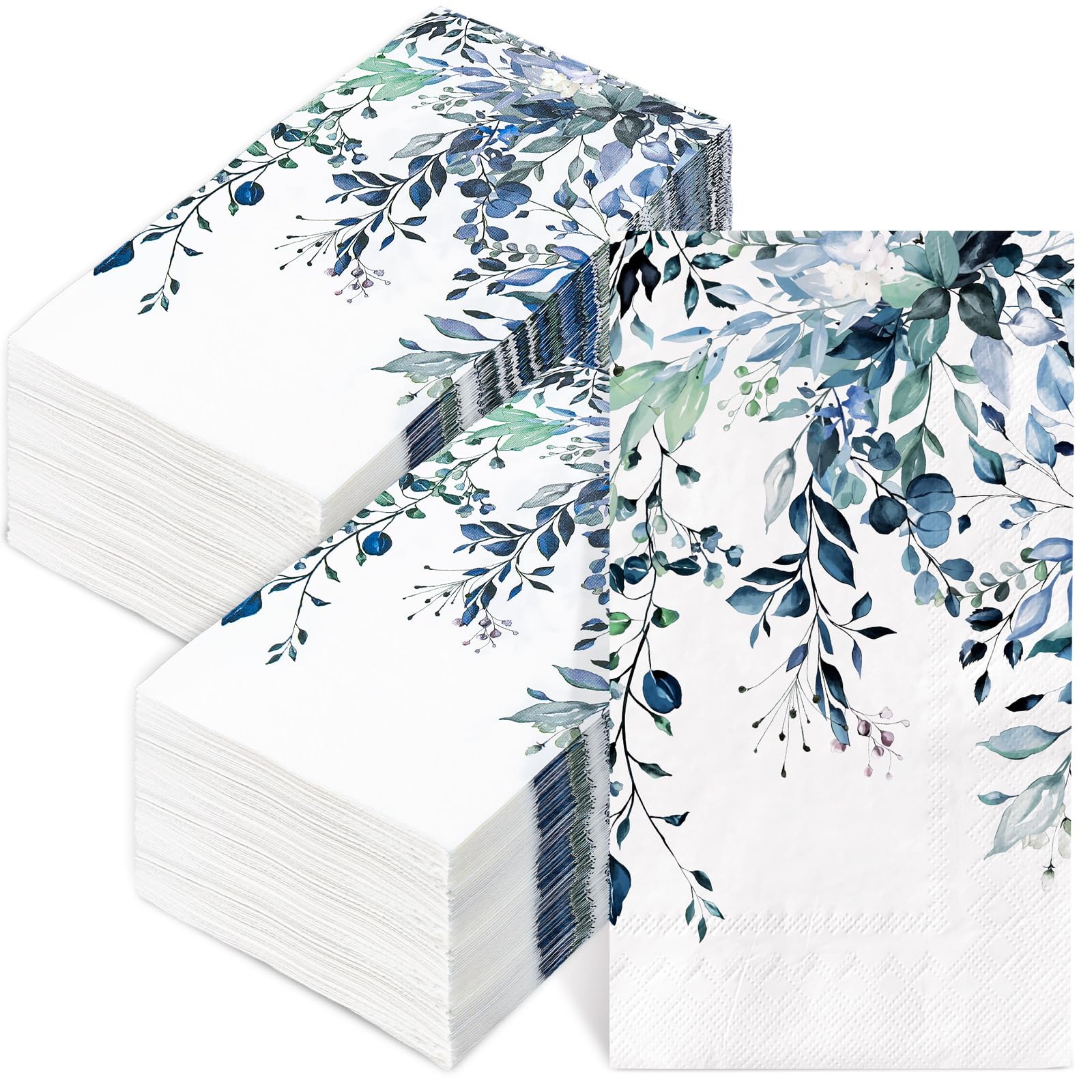 100Pcs Blue and White Paper Napkins Watercolor Eucalyptus Leaves Disposable Guest Napkin Spring Dinner Hand Napkin for Bathroom Supplies, 4.3 x 7.8