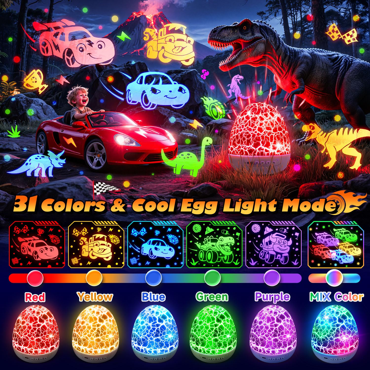 PIKOY Giocattoli per auto giocattolo | Film 6HD+15 suoni+31 colori+telecomando+rotazione a 360° | Auto per bambini 1-3 auto giocattolo per ragazzi età 4-7 anni dinosauro uovo luce per asilo nido