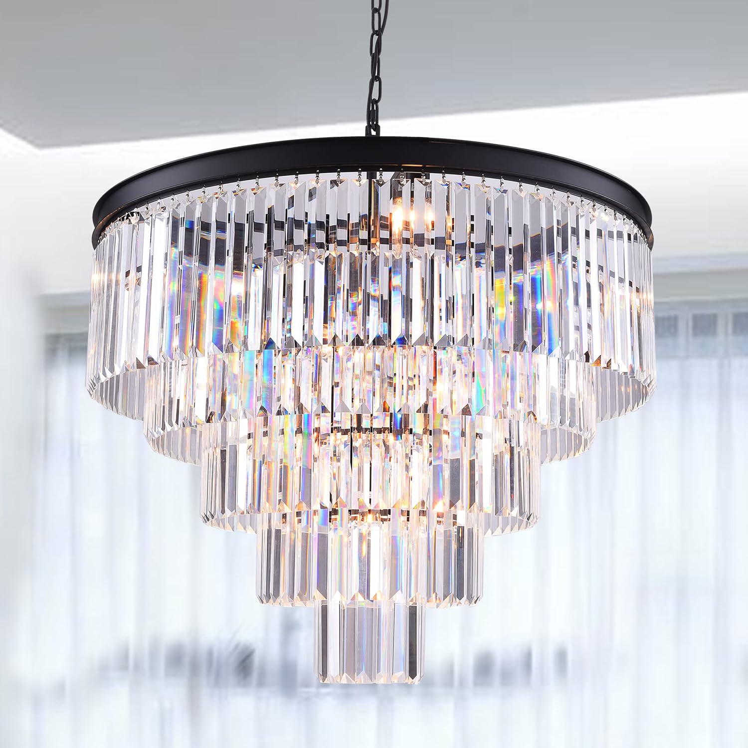 Maxax 5-Tier 12 Lights Crystal Chandeliers, Modern Contemporary Hanging Pendant, Adjustable Chandeliers Ceiling Light Fixture, E12 Base, for Dining Room, Living Room, Black
