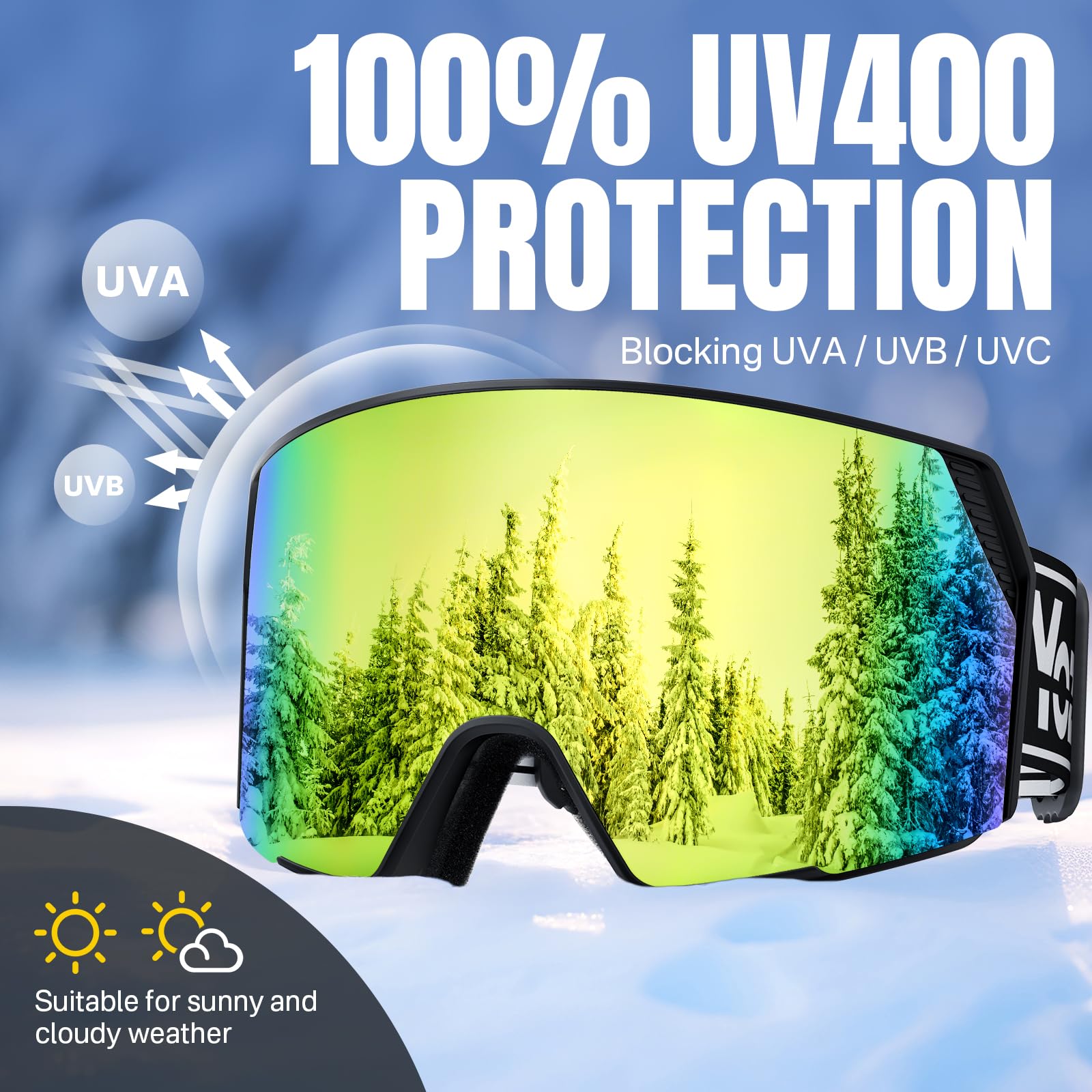 YOZISS Maschera da Sci uomo donna,OTG Maschera da Snowboard, Protezione UV400 Occhiali da Sci Snowboard, Occhiali da Motocross per ciclismo Equitazione Arrampicata Sci