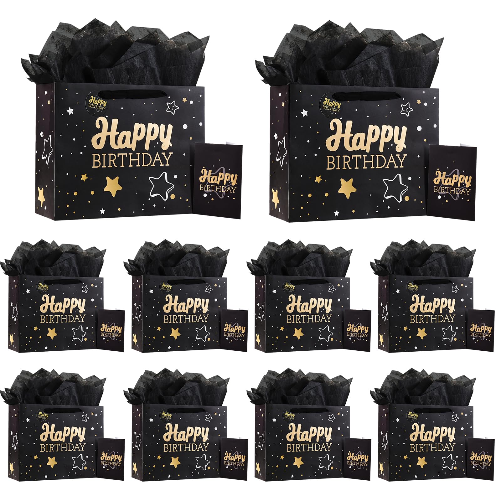 Powbrace 13" Birthday Gift Bag with Tissue Paper &amp; Card(10 Pack Black Gold)