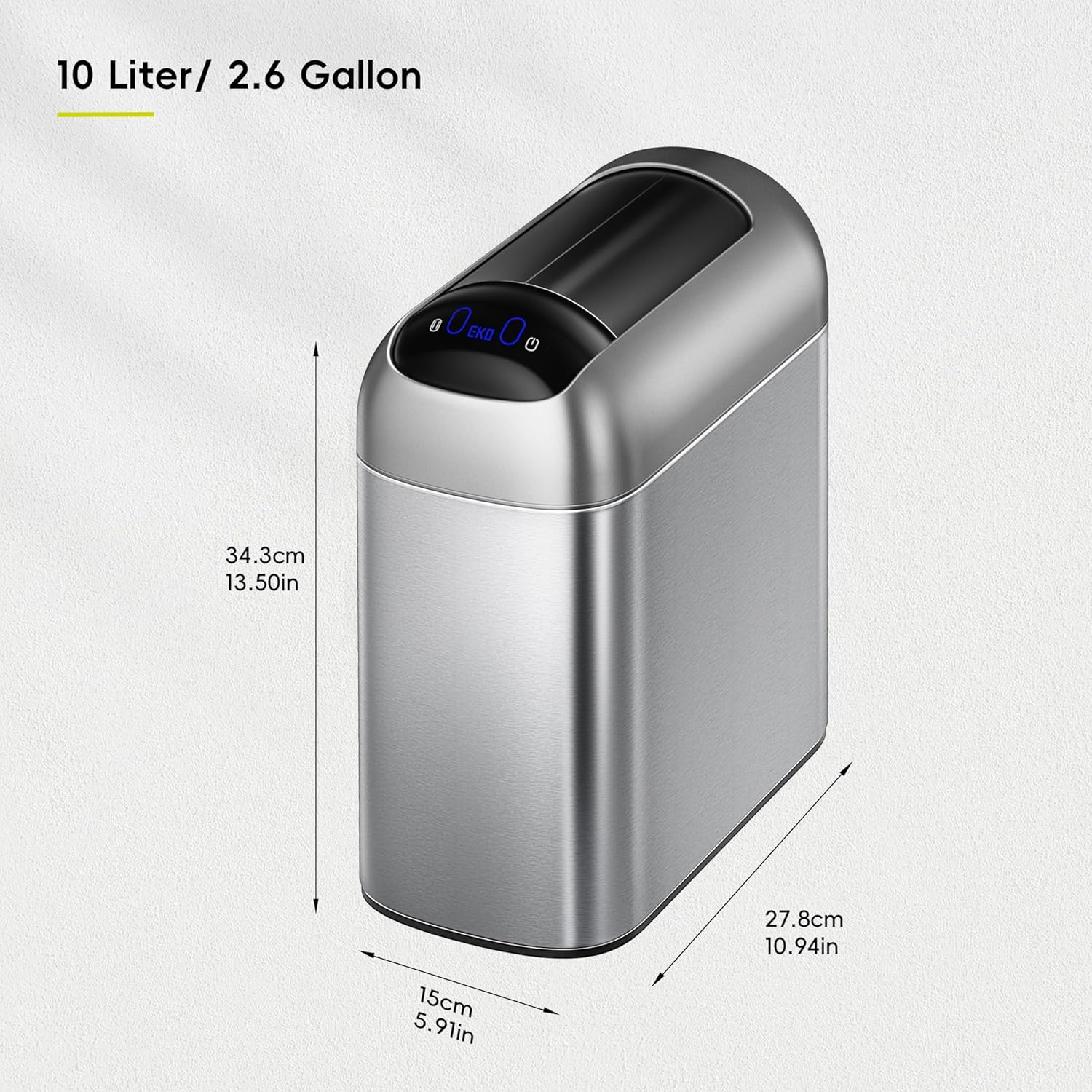 EKO Astro Slim Sensor Trash Can, 10L / 2.6 Gallon Touchless Garbage Bin with Soft-Close Retractable Wing Lid, Motion Sensor Stainless Steel Trash Can for Bathroom, Kitchen and Office, Waterproof