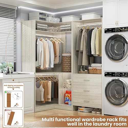 Vista 2 de Aheaplus Sistema de armario con 3 cajones, 2 varillas para colgar y torre de esquina, sistema de armario de esquina con colgante, organizador