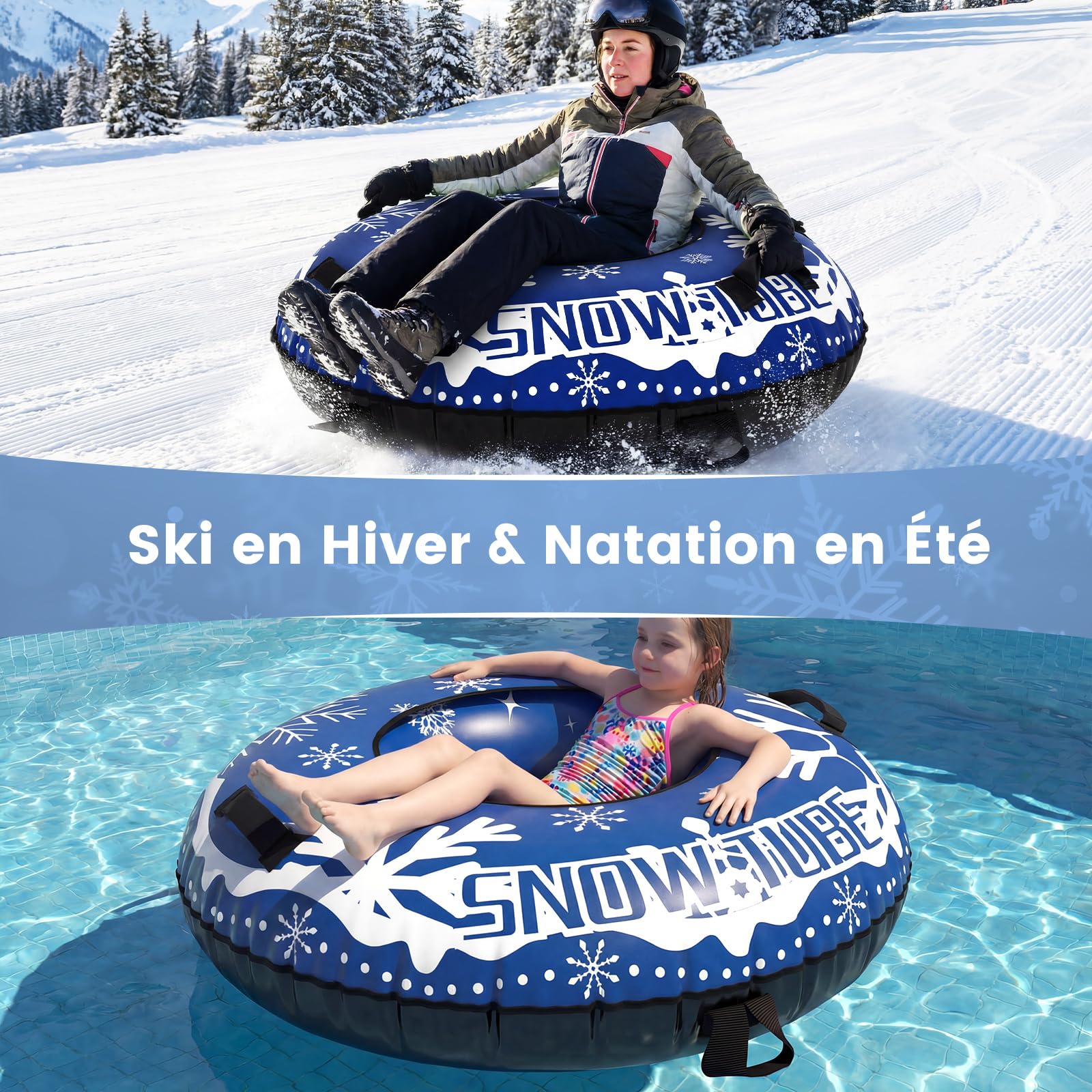 COSTWAY Luge Bouée Gonflable de 107 cm, Traîneau à Neige Robuste avec Sangle de Remorquage Amovible Fond Épaissi Valve 3 en 1 Poignées, Jouets Amusants d'hiver pour Enfants Adultes