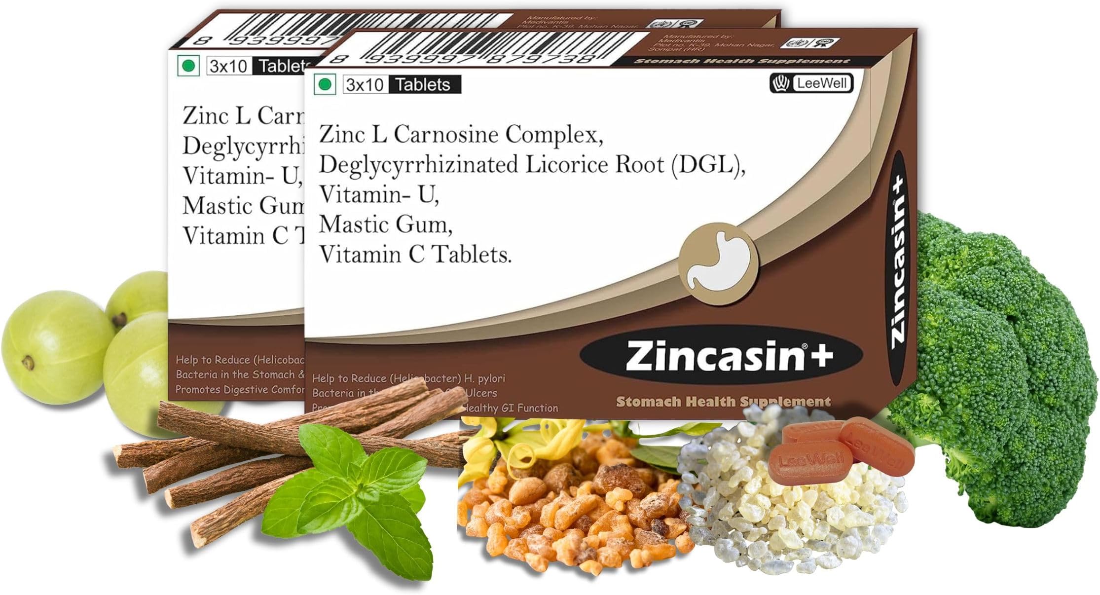 zincasin +plus Zinc L carnosine, Vitamin U, DGL Deglycyrrhizinated Licorice Root, Mastic gum Supplements | Gastric Reflux, IBS, H pylori, Bloating, Gut health Support - 60 tablets