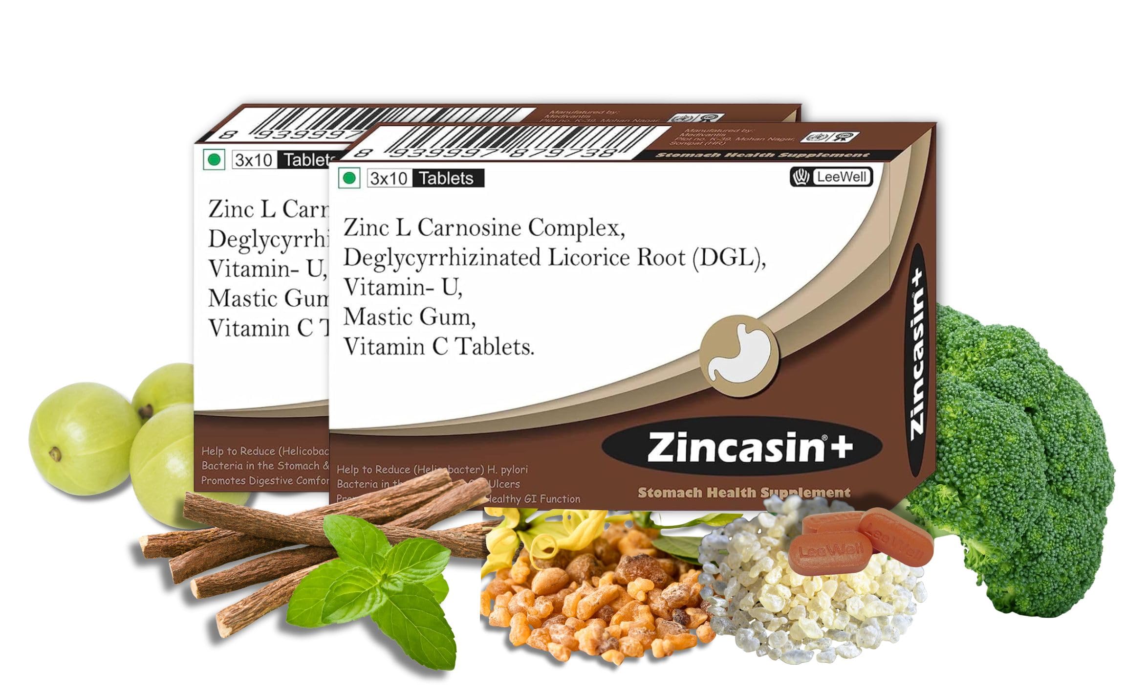 zincasin +plus Zinc L carnosine, Vitamin U, DGL Deglycyrrhizinated Licorice Root, Mastic gum Supplements | Gastric Reflux, IBS, H pylori, Bloating, Gut health Support - 60 tablets