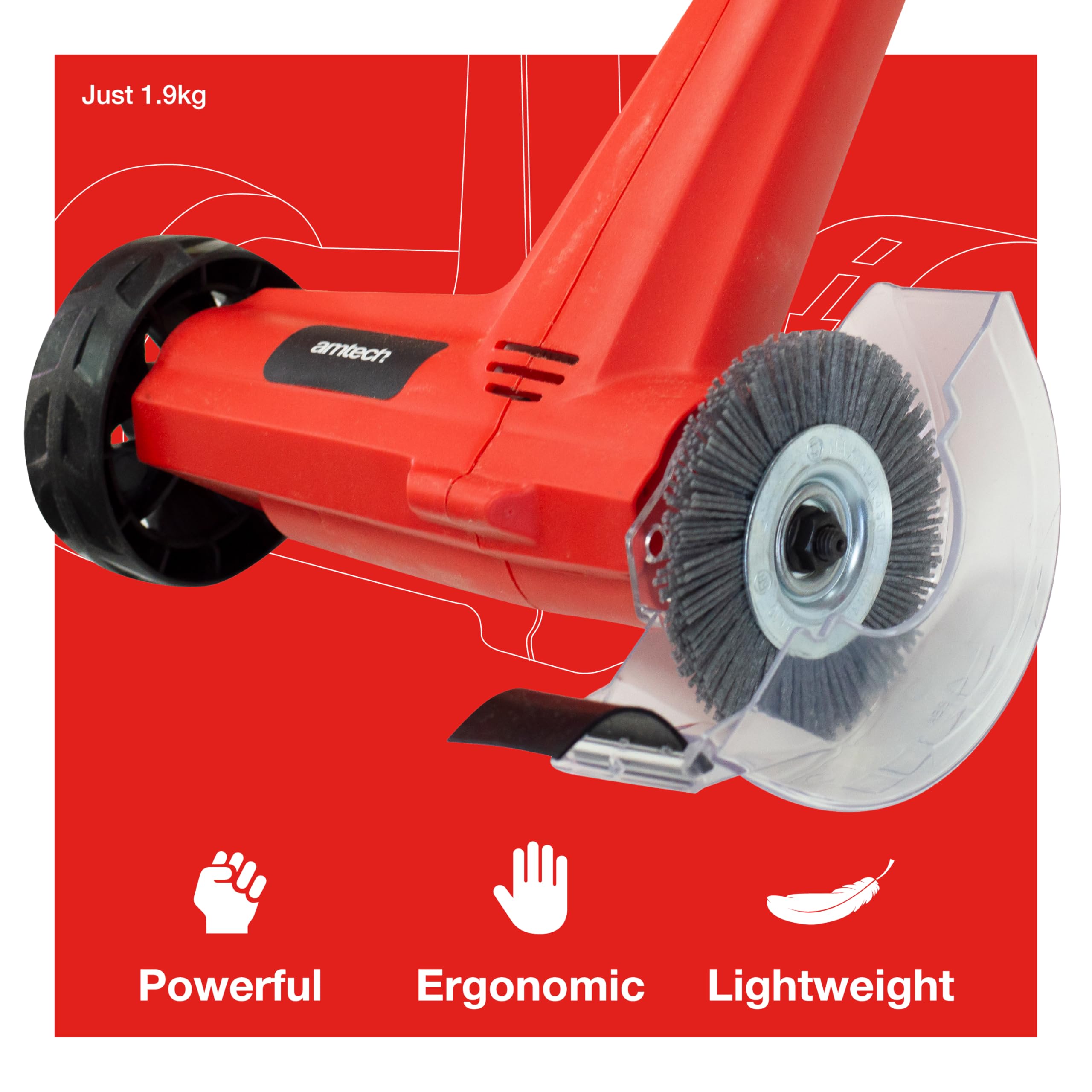 Amtech U9020 - Cepillo de limpieza giratorio de mango largo, 230 V, 140 W, cable de red de 3 metros, cepillos de nailon que no dejan marcas