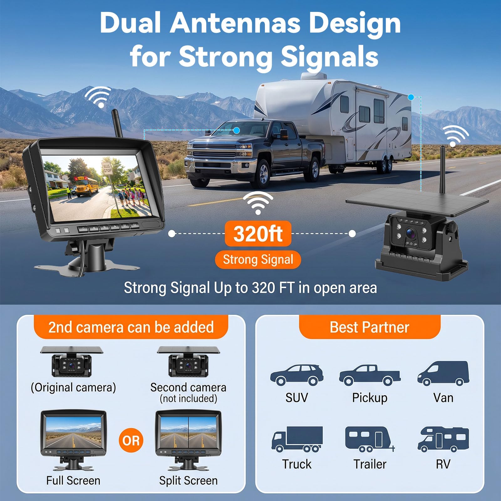 SIXTOP Cámara de Marcha Atrás Inalámbrica con Panel Solar Base Magnética Monitor 7 Pulgadas HD IP69 Impermeable Visión Nocturna Sistema de Cámara Reversible para Autocaravana Caravana Camper Furgoneta