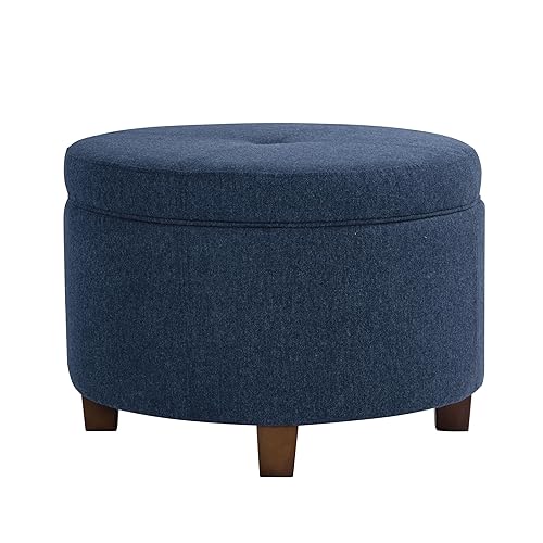 Large Round Storage Ottoman - Blue Woven Fabric