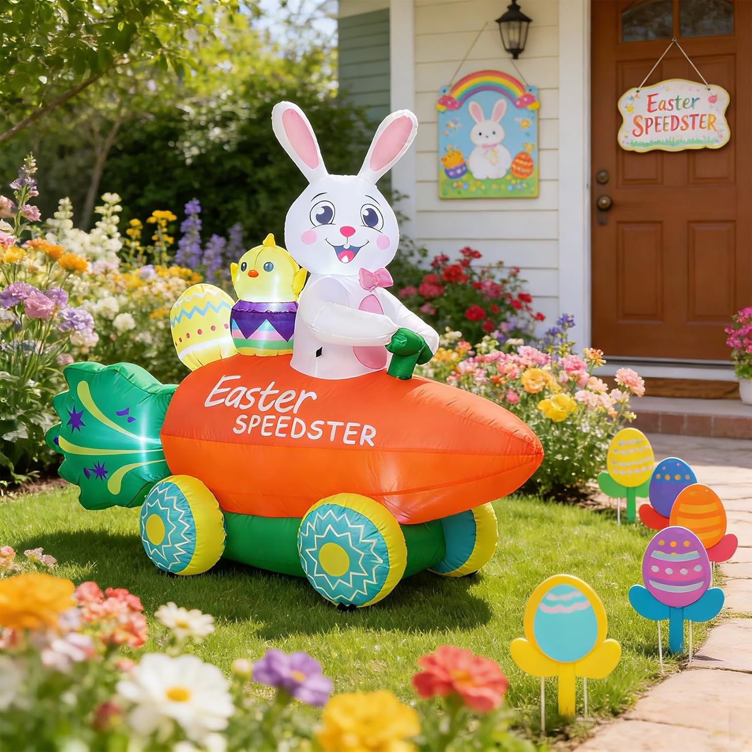 Easter Inflatable Bunny with Carrot Car and Easter Eggs, 6FT Easter Inflatables Outdoor Decorations with LED Colored Lights, Inflatable Easter Yard Decorations for Lawns and Patios