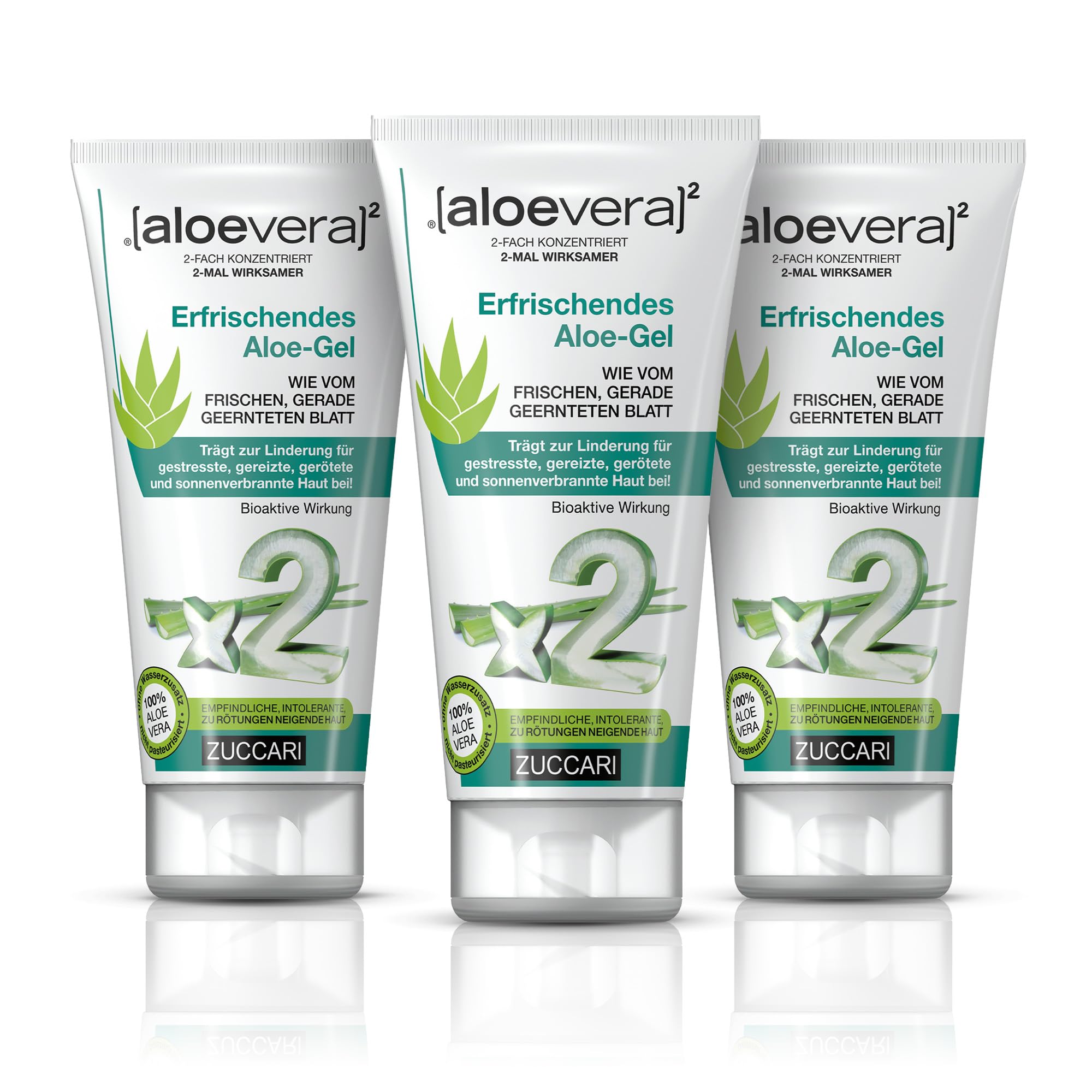 ZUCCARI Aloe Vera Gel 100% Pur 3x150 ml - Feuchtigkeitscreme | Doppelt konzentriert für strapazierte Haut & bei Sonnenbrand - erfrischendes Gel für Gesicht, Körper und Kopfhaut, pur