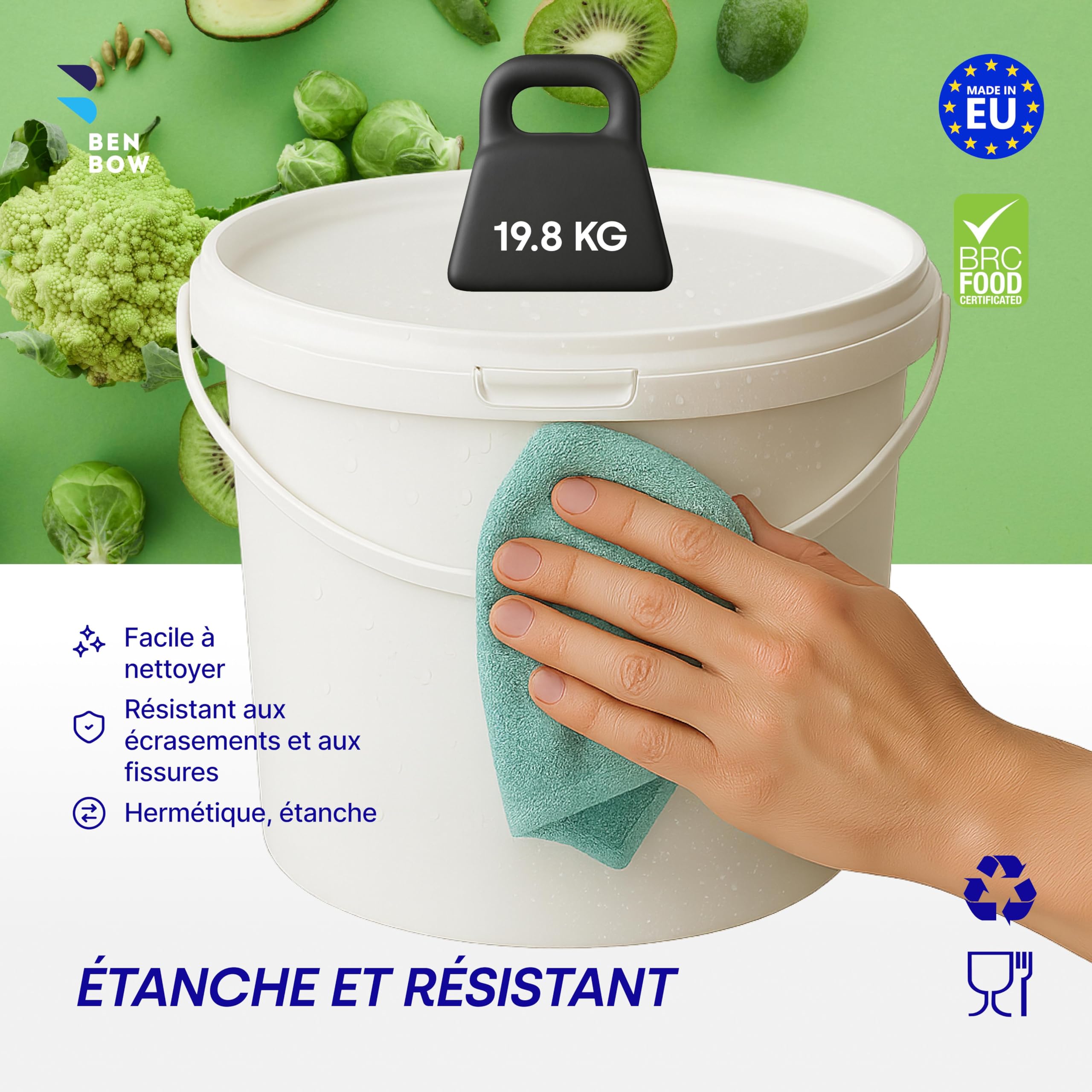 BenBow Seau avec Couvercle 5l Blanc - Convient pour Aliments, Stable, étanche à l'air, Anti-Fuite, inodore - récipient de Conservation en Plastique, avec poignée - Vide, 5X 5 litres