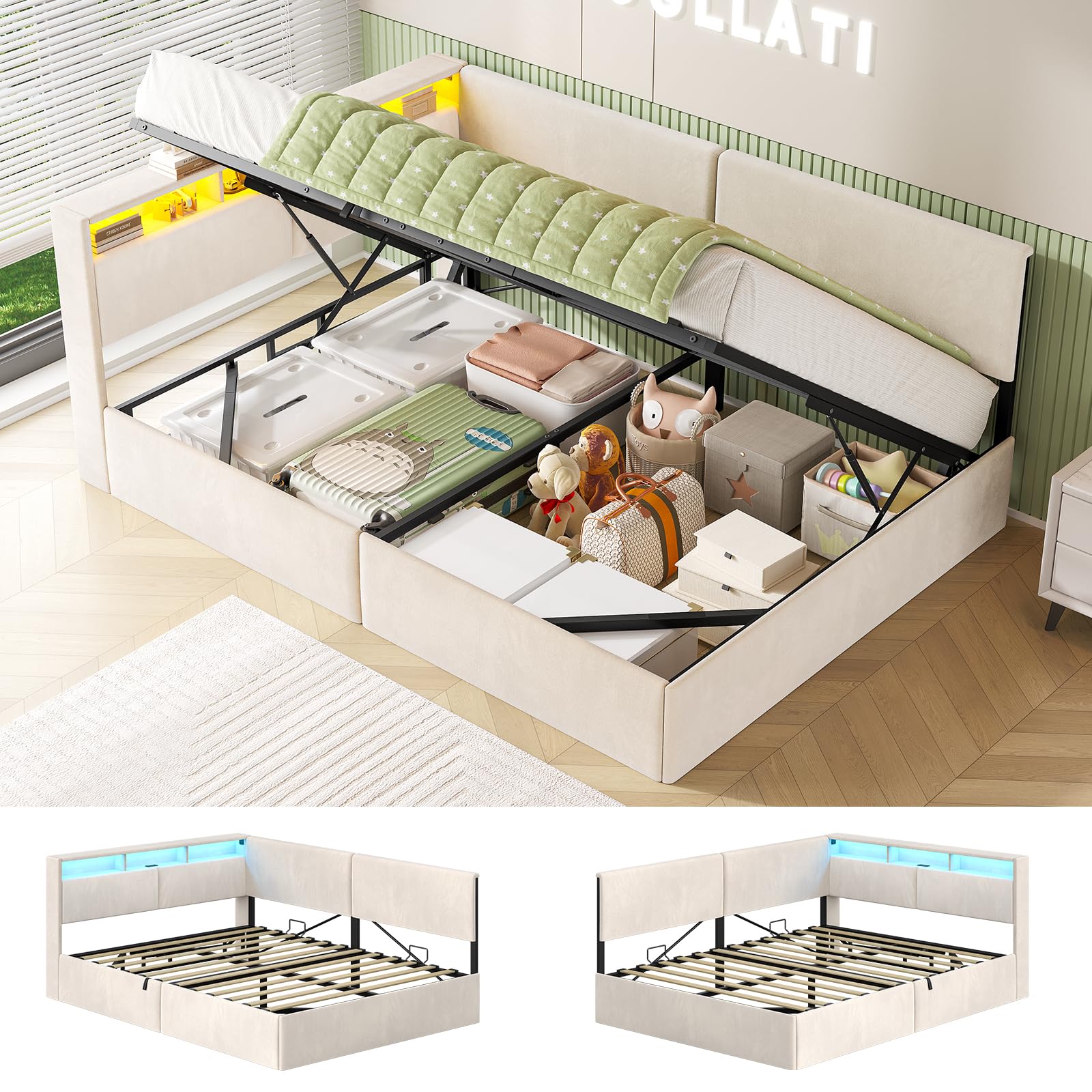 AOGLLATI Polsterbett Schlafsofa 140x200 mit USB-Steckdosen & hydraulischem Stauraum, Betten 140x200 mit LED-Kopfteil & Lattenrost, Kinderbett Tagesbett, Doppelbett, Beige Samt (ohne Matratze)