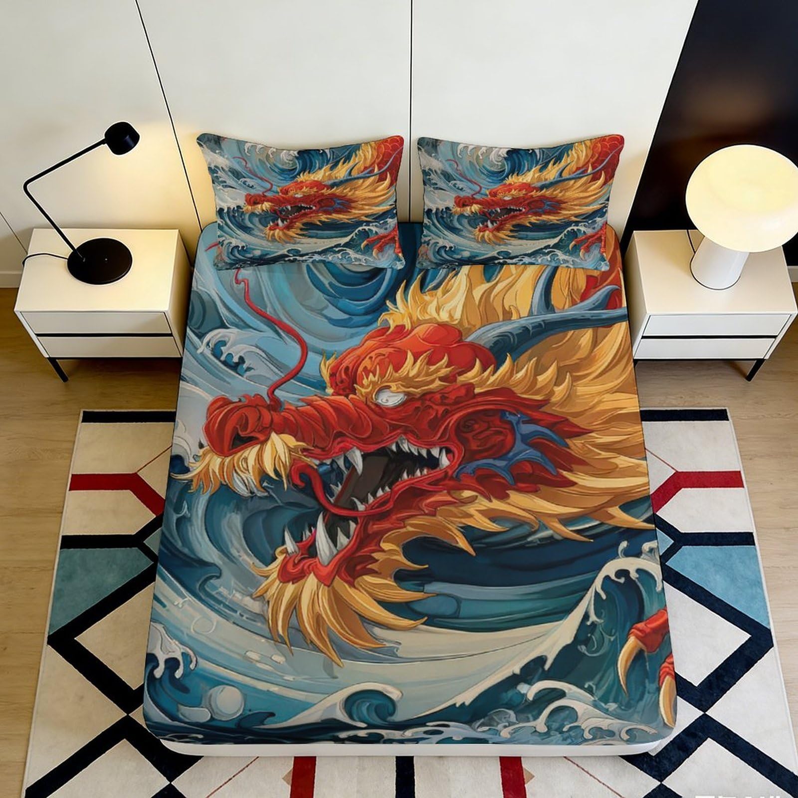 3D Printed Red Dragon Fitted Sheet Microfiber Soft Non-Slip Asian Waves Mattress Cover Bedroom Dorm Decorative 90x200x25cm