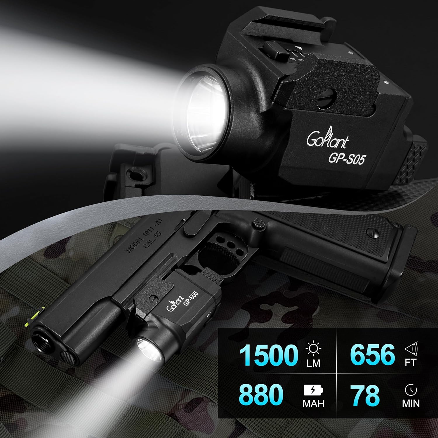 1500 Lumens Compact Pistol Flashlight, Aluminum Alloy Picatinny Flashlights Weapon Light, Subcompact Tactical Pistol Lights,LED White Light for Handgun, Rechargeable Gun Light