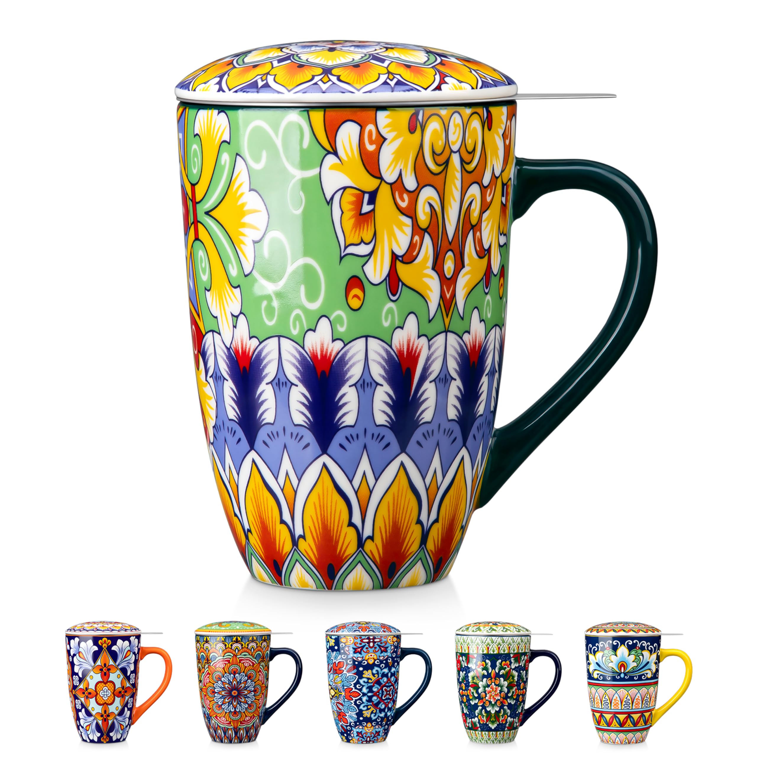 vancasso Ceramic Tea Mug with Infuser and Lid, 18 Ounce Bohemian Loose Leaf Cup, Microwave & Dishwasher Safe, Perfect for Tea, Coffee, Lime-Green Fiesta