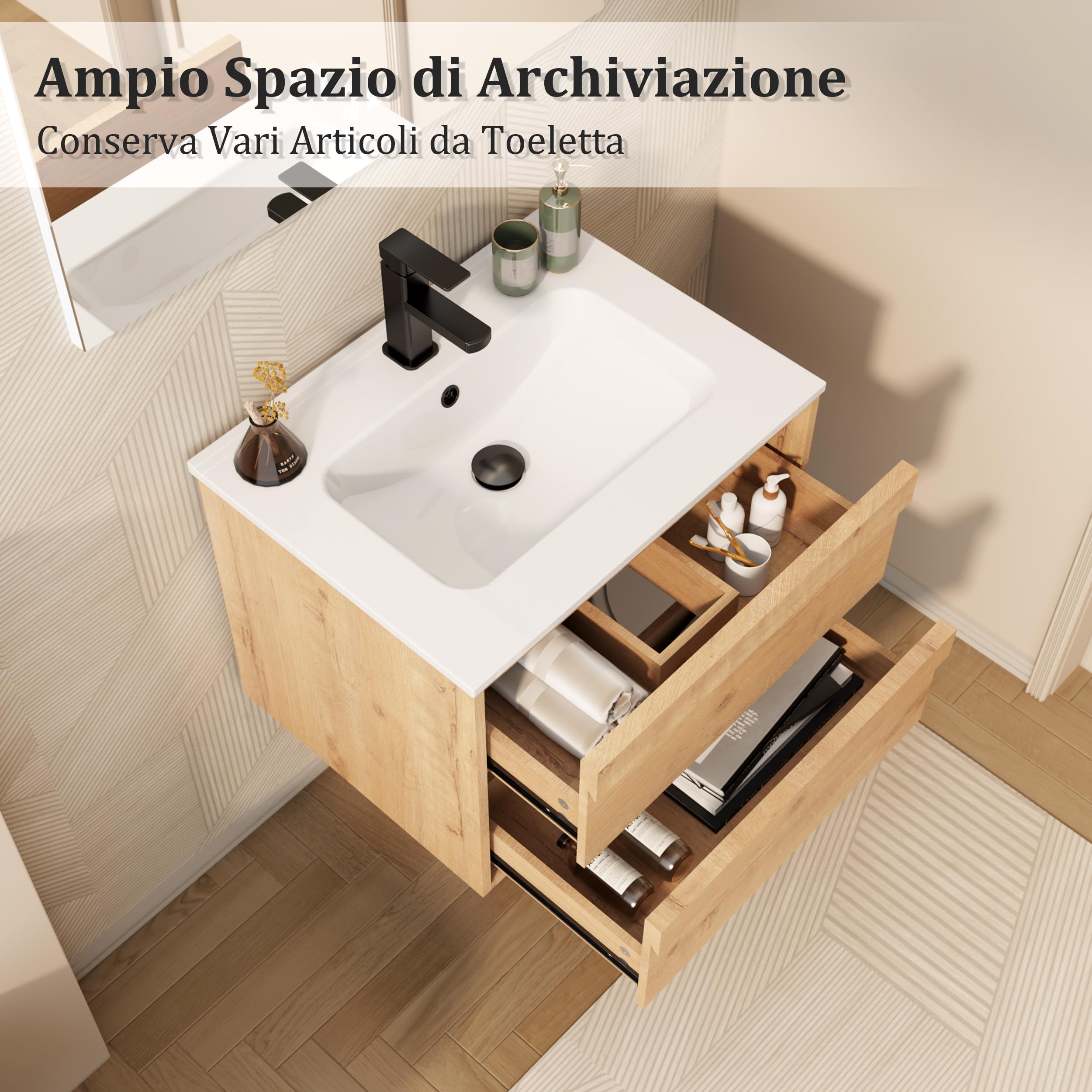 UEV Mobile Lavabo Sospeso da 60 cm, Mobile da Bagno con Lavabo in Ceramica, due Cassetti con Ampio Spazio per Riporre Oggetti, Cassetti con Sistema di Chiusura Ammortizzata, 60 x 45 x 46 cm, Naturale