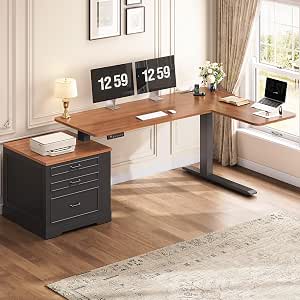 SEDETA Farmhouse L-Shaped Electric Standing Desk, 70.9" x 39.4", Height Adjustable with 3 Drawers, Black