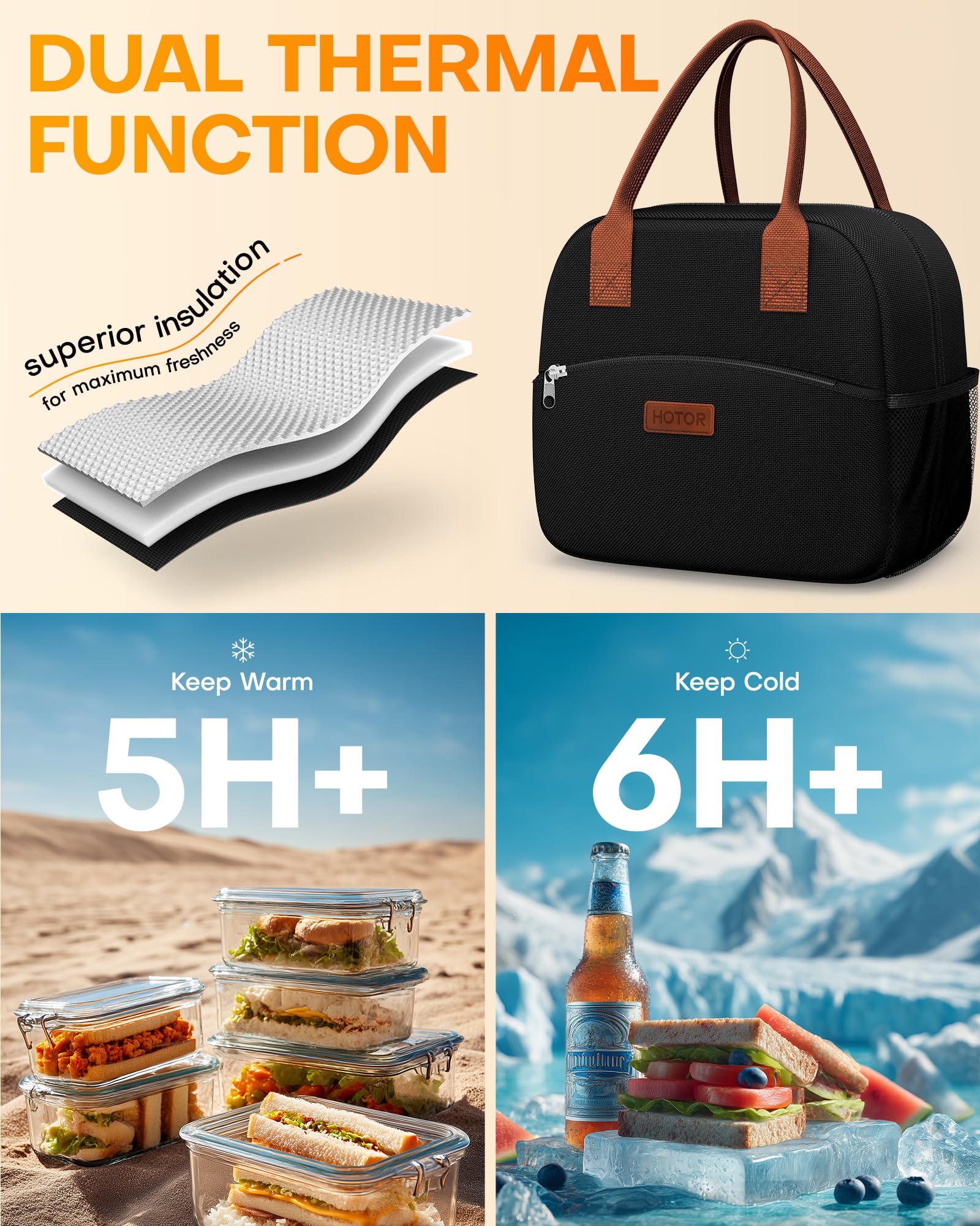 Lonchera para mujeres y hombres, resistente al desgaste y a prueba de fugas, con gran capacidad, bolsa hielera multifuncional para oficina, picnic, negro, 10 L, 10.60 x 5.90 x 9.50 pulgadas 3