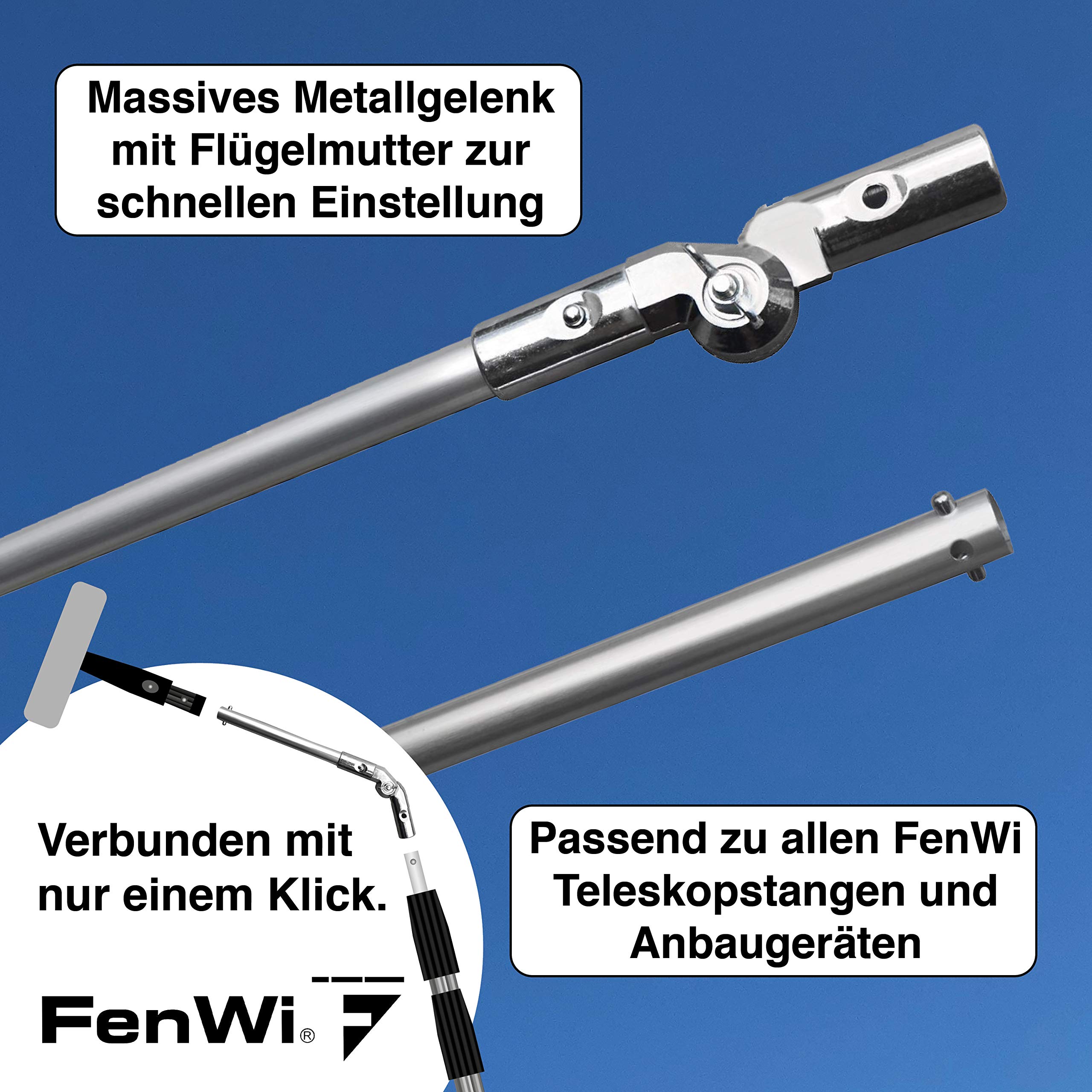 FenWi Aluminium Drehgelenk Set - Alu-Gelenk mit 20 + 80cm-Verlängerung als Zubehör für Teleskopstangen und Fensterwischer-Set`s - ideal für Starke Fenster-Leibungen und große Winkel