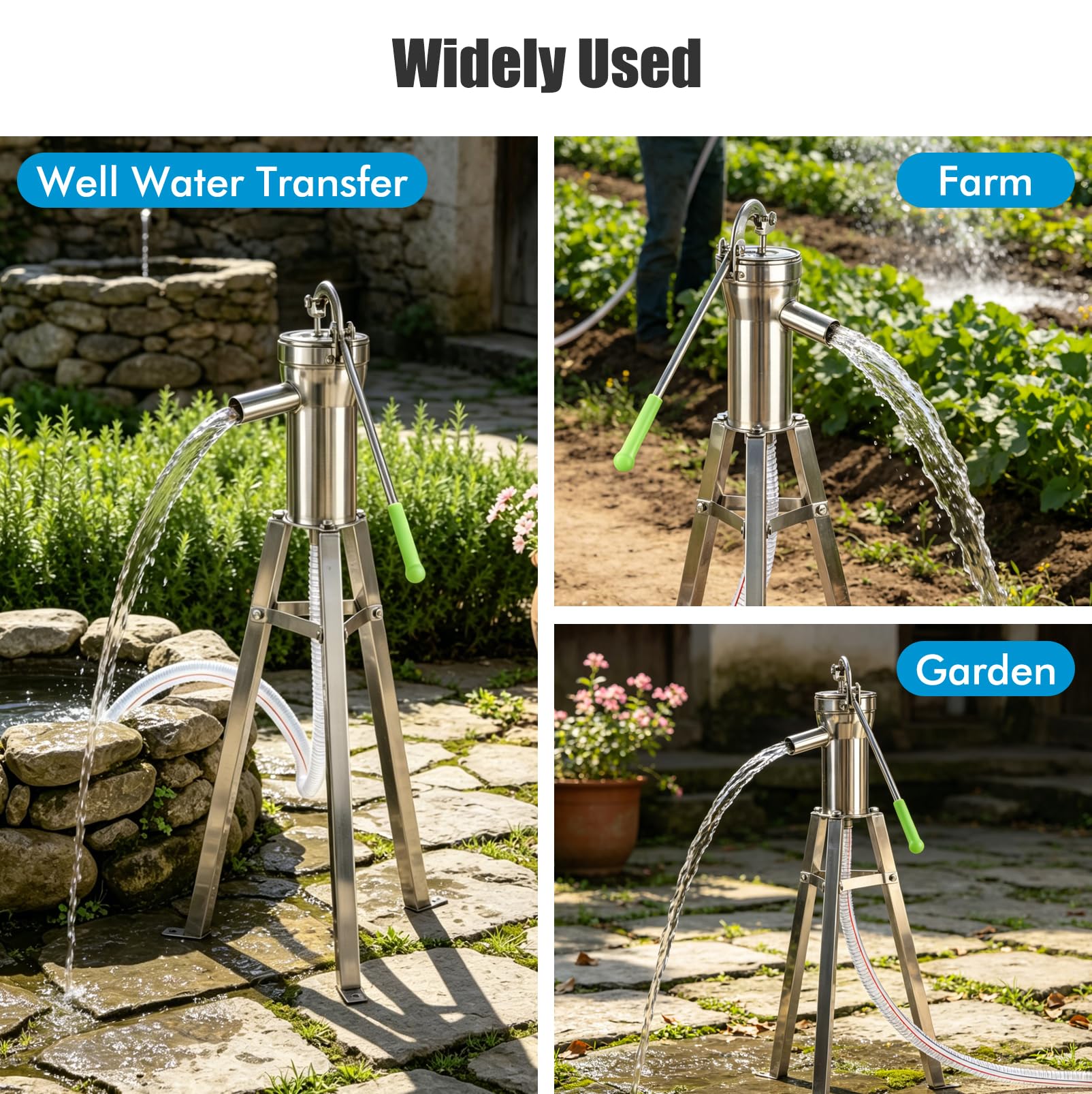 Bomba de agua manual para pozo con manguera 10m y soporte 58cm | Bomba de jardín acero inoxidable Kit completo para agua subterránea agua de lluvia jardín finca uso exterior