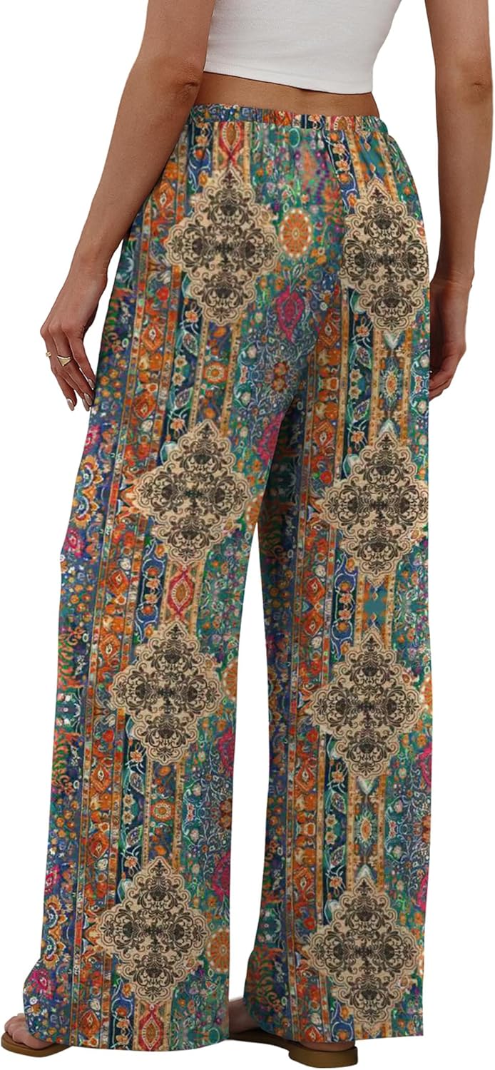 Sampeel Wide Leg Pants for Women Flowy Palazzo Drawstring Elastic Waist Trousers with Pockets Summer Beach Vacation Clothes - Image 5