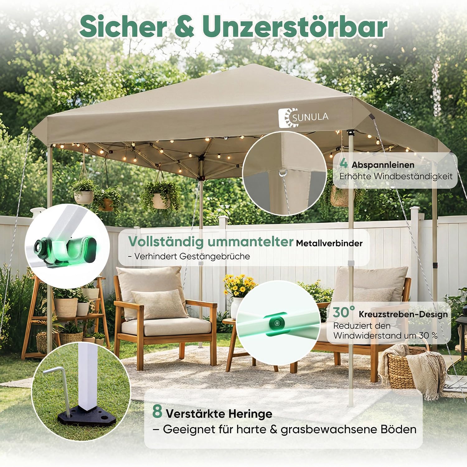 Sunula Pavillon 3x3 Wasserdicht Stabil Winterfest, Faltpavillon 3x3m mit Verdickten Röhren, Partyzelt Pavillion Klappbar für Camping Festival Party, Khaki