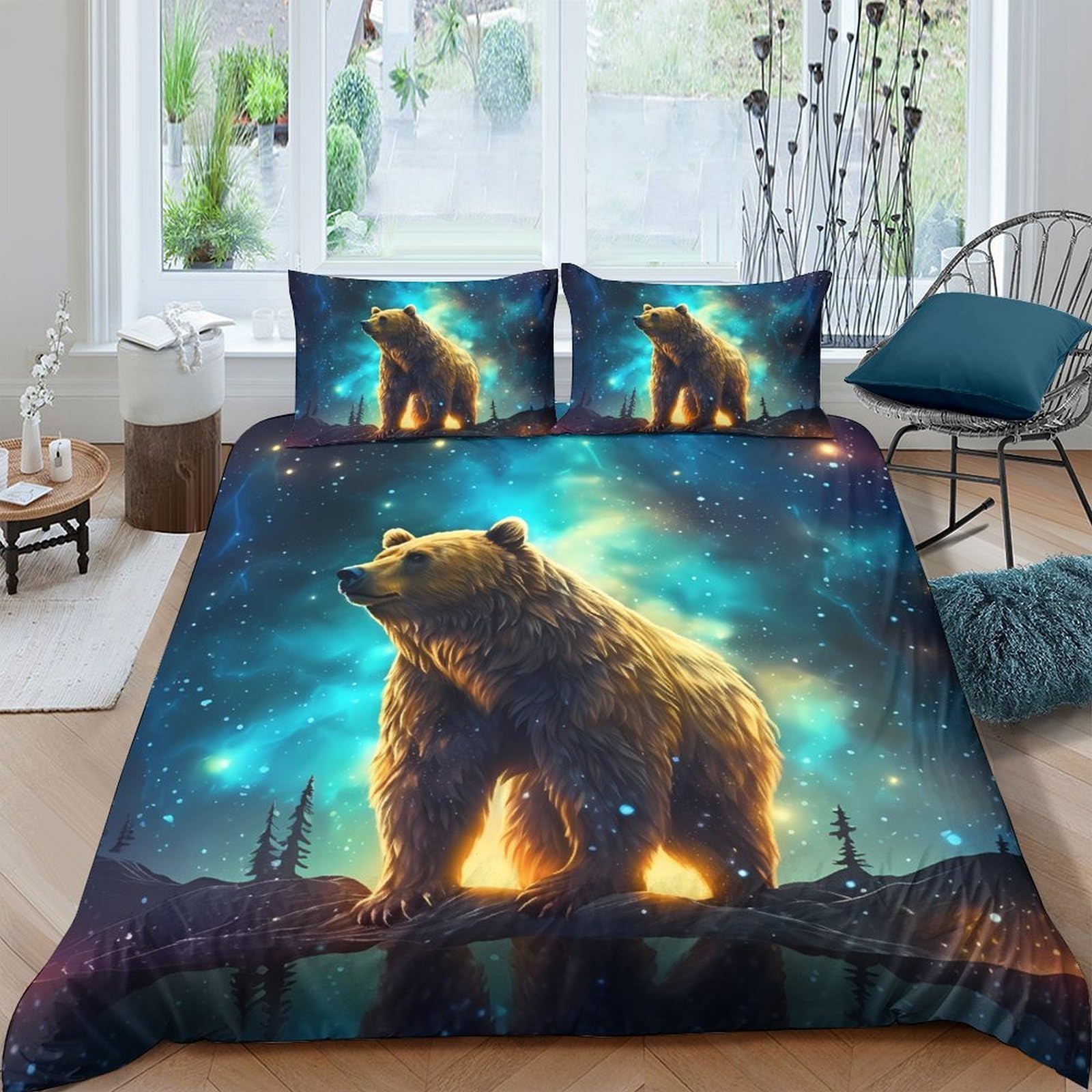 Ctjqhvkz Style-6 3D Printed Aurora Bear Fitted Sheet Microfiber Soft Breathable Forest Night Mattress Cover Bedroom Decor Single（135X200cm）