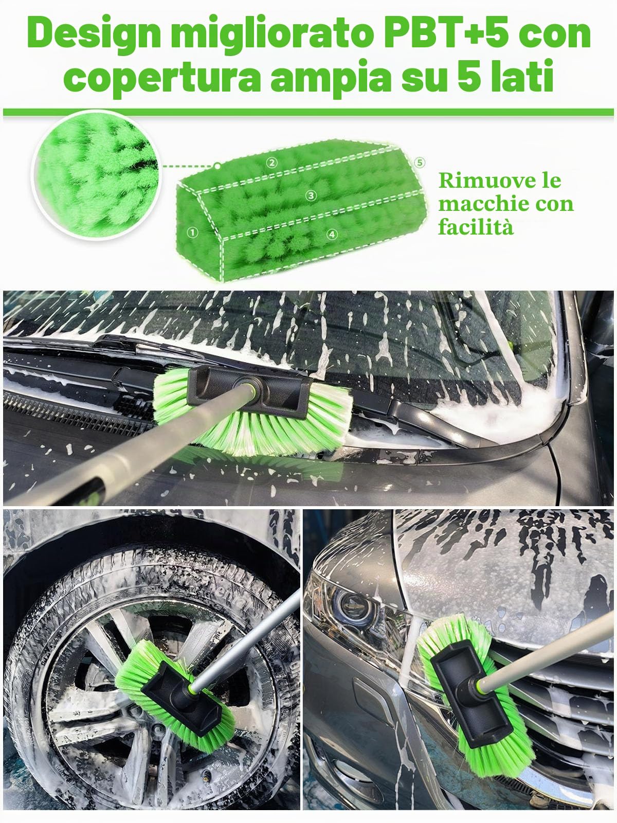 Spazzola Lavaggio Auto 60" 150cm Sfaccettato Cinque con Telescopico Manico, Spazzola Pulizia Dettagli con Setole Morbide per l'interno e l'esterno Auto SUV Camion Barca Pneumatici Rimozione Della Neve