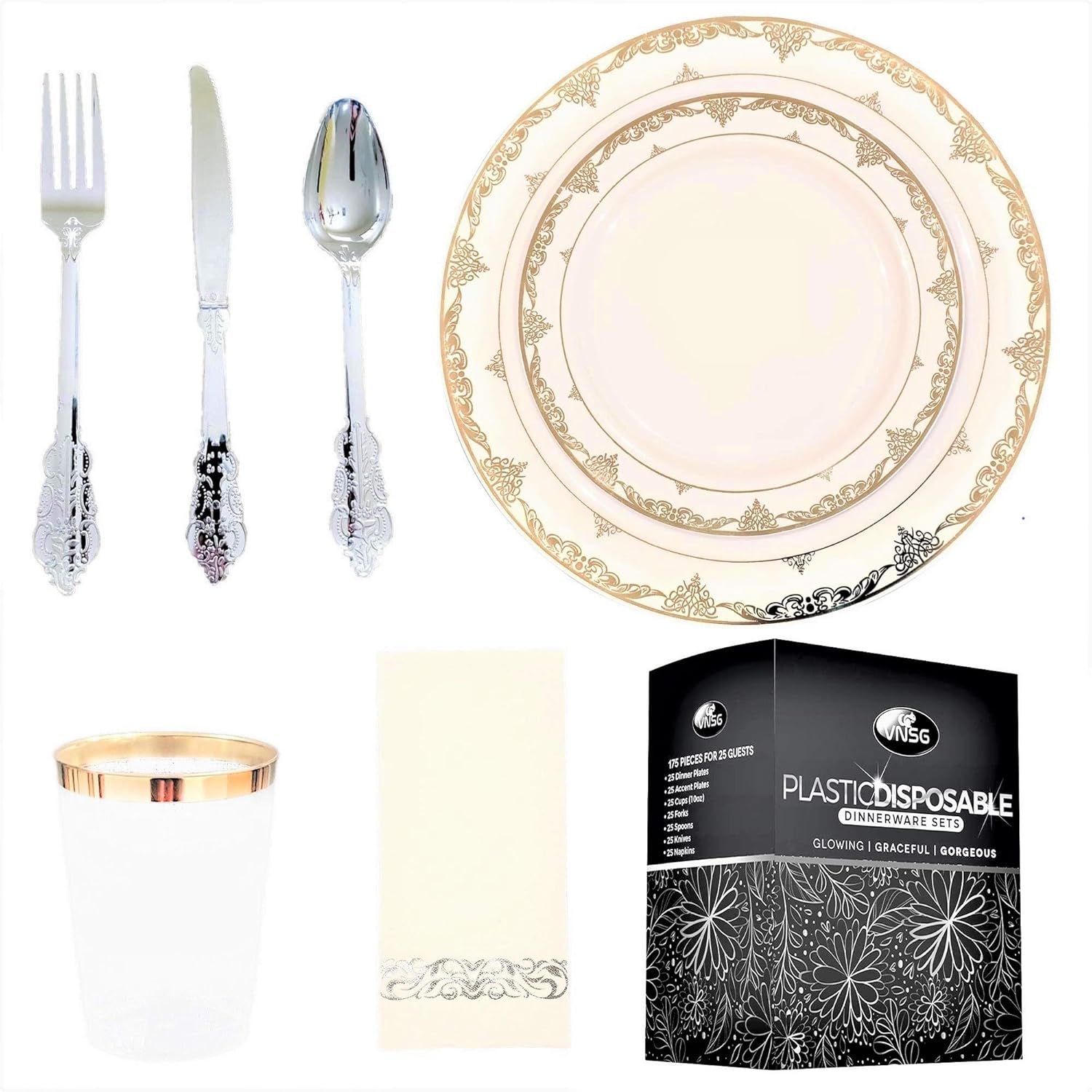 Super Brands VNSG Silver Plastic Plate Set┃175pcs for 25 Guests┃Silver Party Plates┃25 Dinner Plates, 25 Dessert Plates, 25 Cups (10oz), 25 Forks, 25 Spoons, 25 Knives, 25 Napkins (Wings Silver)