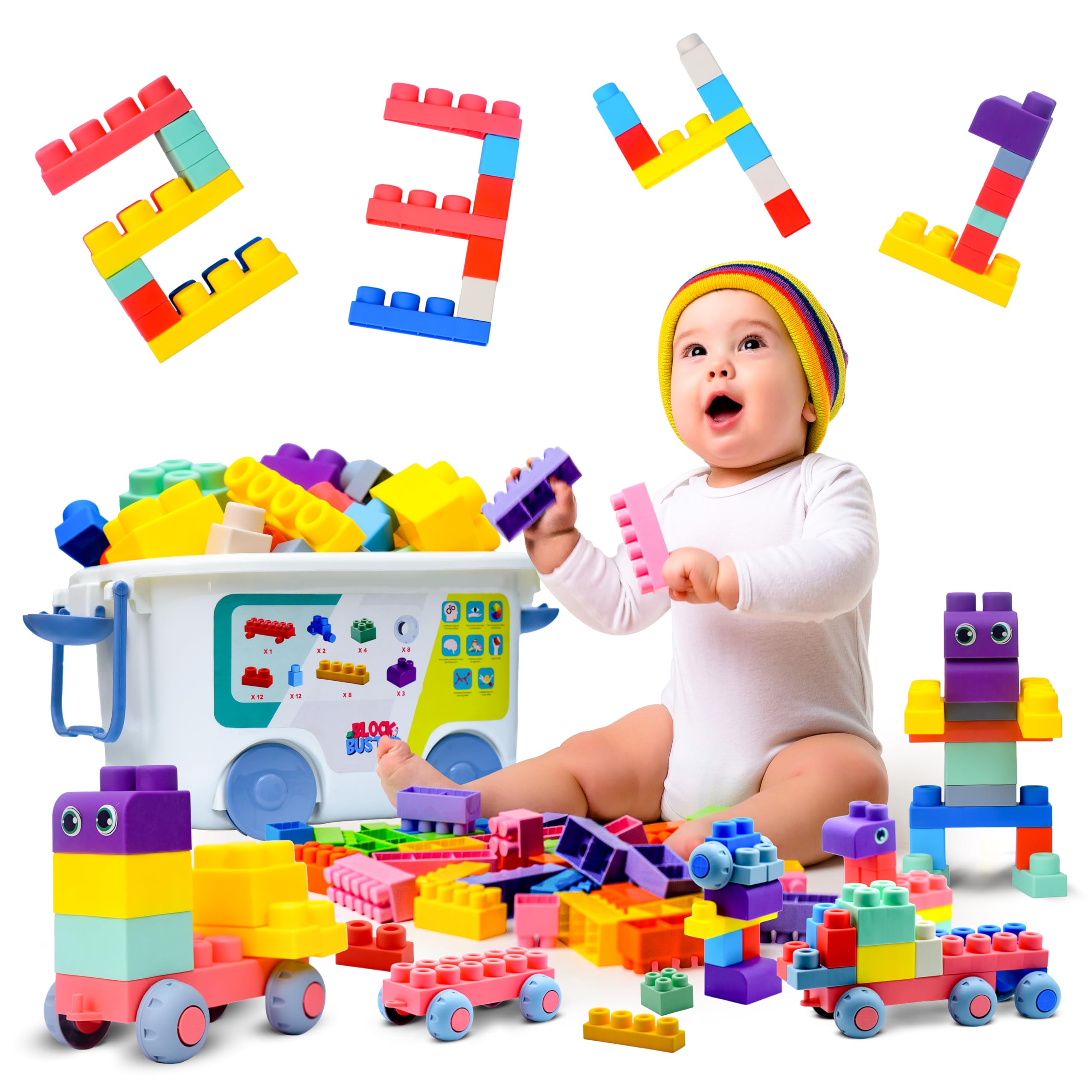 TOP Grade 50 PC Colorful Creative Building Blocks for Toddlers 1-3 - Kids Preschool Toys with Storage Box - Soft Plastic Learning Toys - STEM Blocks for Boys & Girls