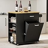Rolling Kitchen Island with Trash Can Storage, Portable Kitchen Island on Wheels with Towel Rack & Spice Rack, Tilt Out Trash Can Cabinet with Drawer, Mobile Island Cart (Black)