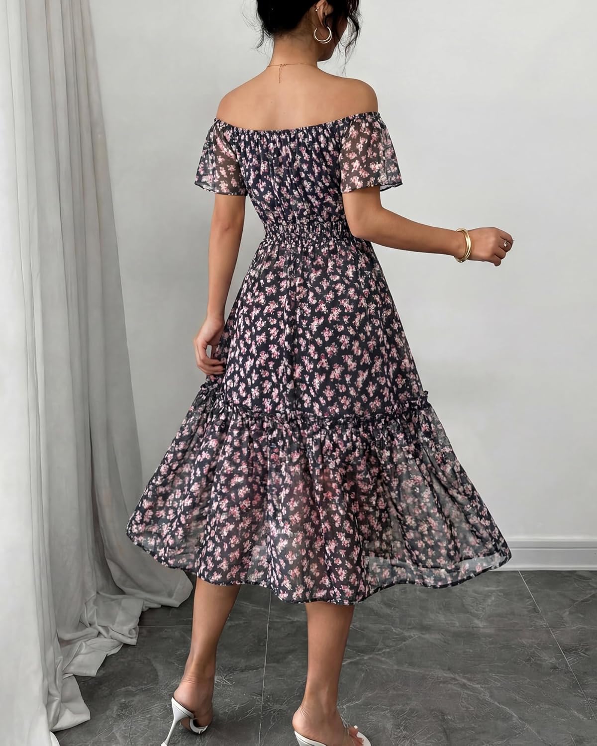 Gaharu Womens Summer Floral Midi Dress 2026 Casual Ruffle Sleeve Smocked Waist Party Wedding Guest Dresses