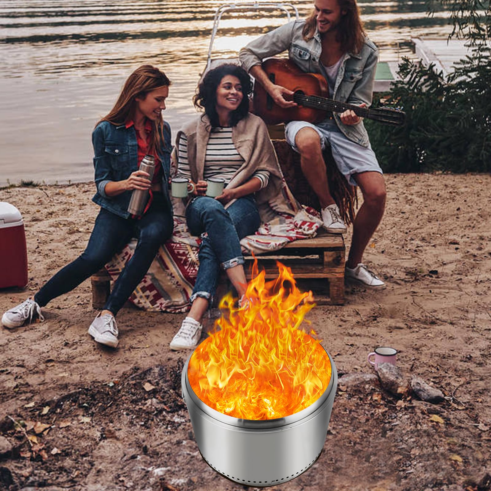 Brasero Exterior sin Humo con Interruptor de Aire, 68.5 cm (27 Pulgadas), de Acero Inoxidable, con Soporte Desmontable y cenicero. Ideal para fogatas, picnics y Otras Actividades al Aire Libre como a