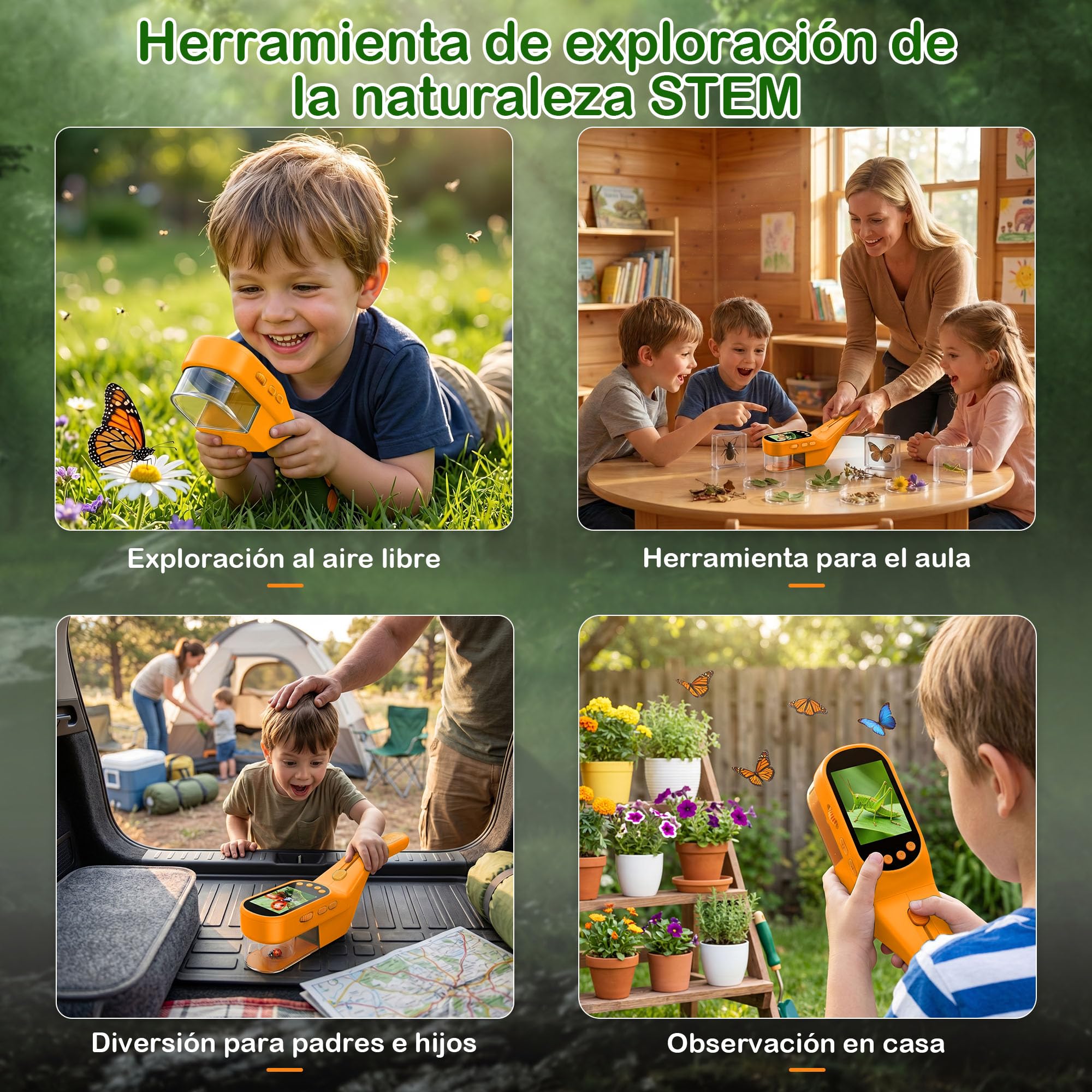 CIMELR Atrapa Insectos 2,4" HD microscopio – Juguete Naturaleza para niños | Atrapa insectos batería 1000mAh, 8 LED, cámara 1080P, proyección PC, kit STEM 3-12 años