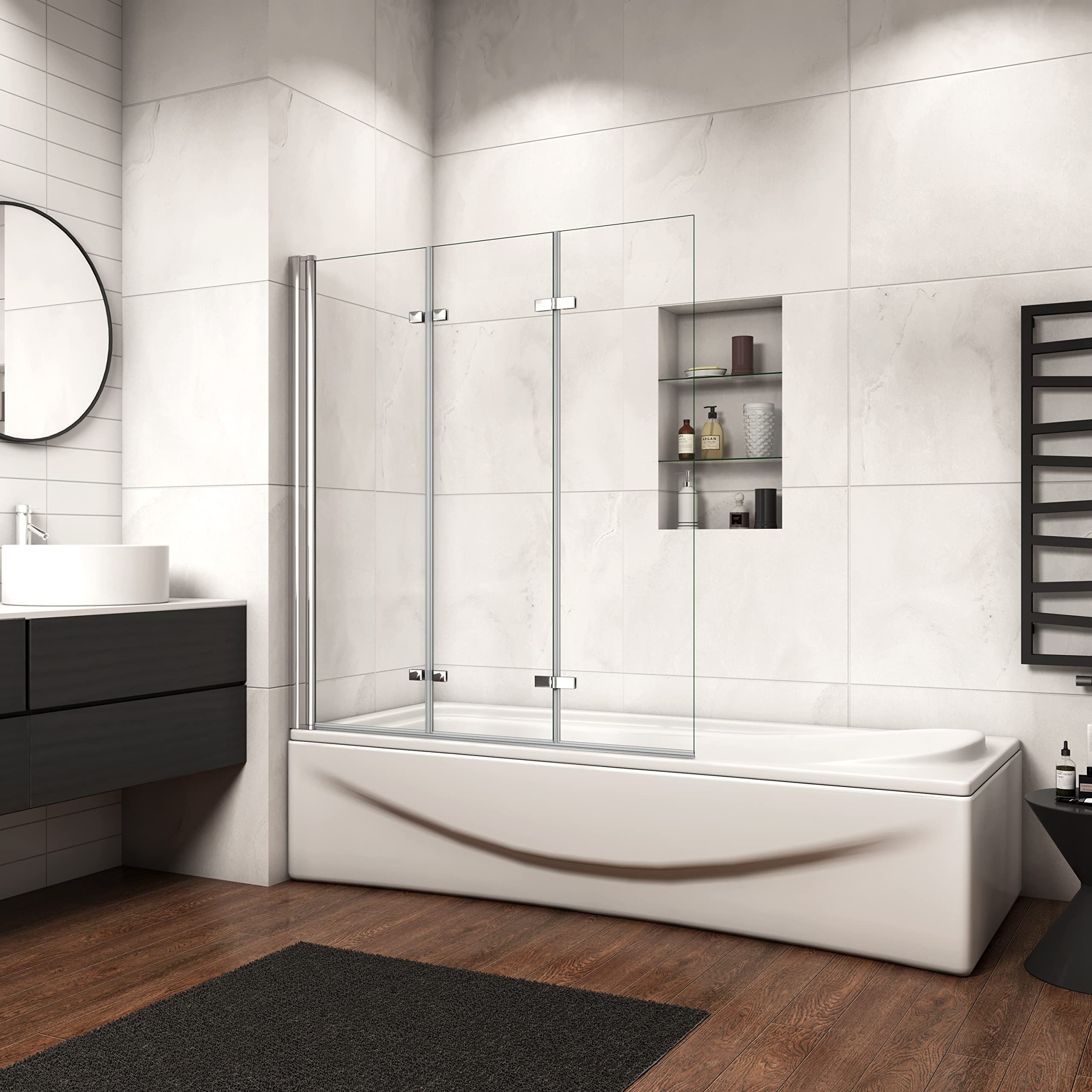 H.140cm Parete Per Vasca Doccia 130cm 3 Ante Vetro Apribili 6 mm Cromo