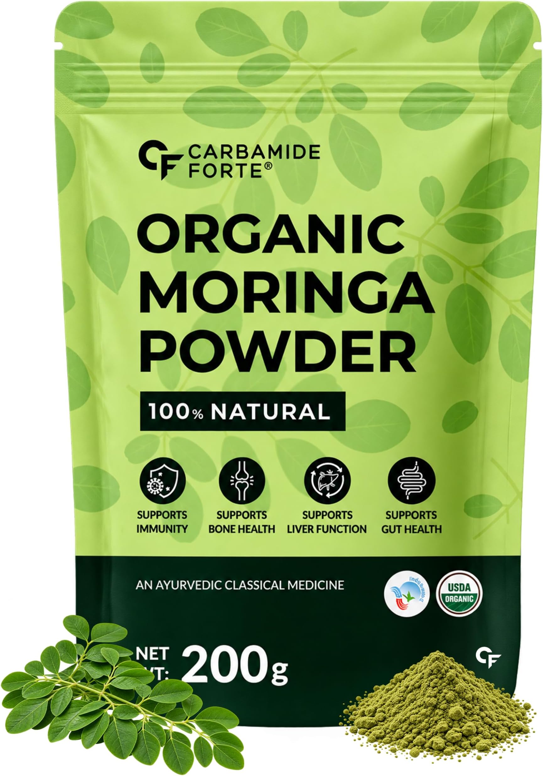 100% Organic Moringa Powder - Moringa Oleifera - USDA Certified | Moringa Leaves Powder | Moringa Powder Organic for Immunity, Digestion & Energy | Drumstick Leaves Powder - 200g