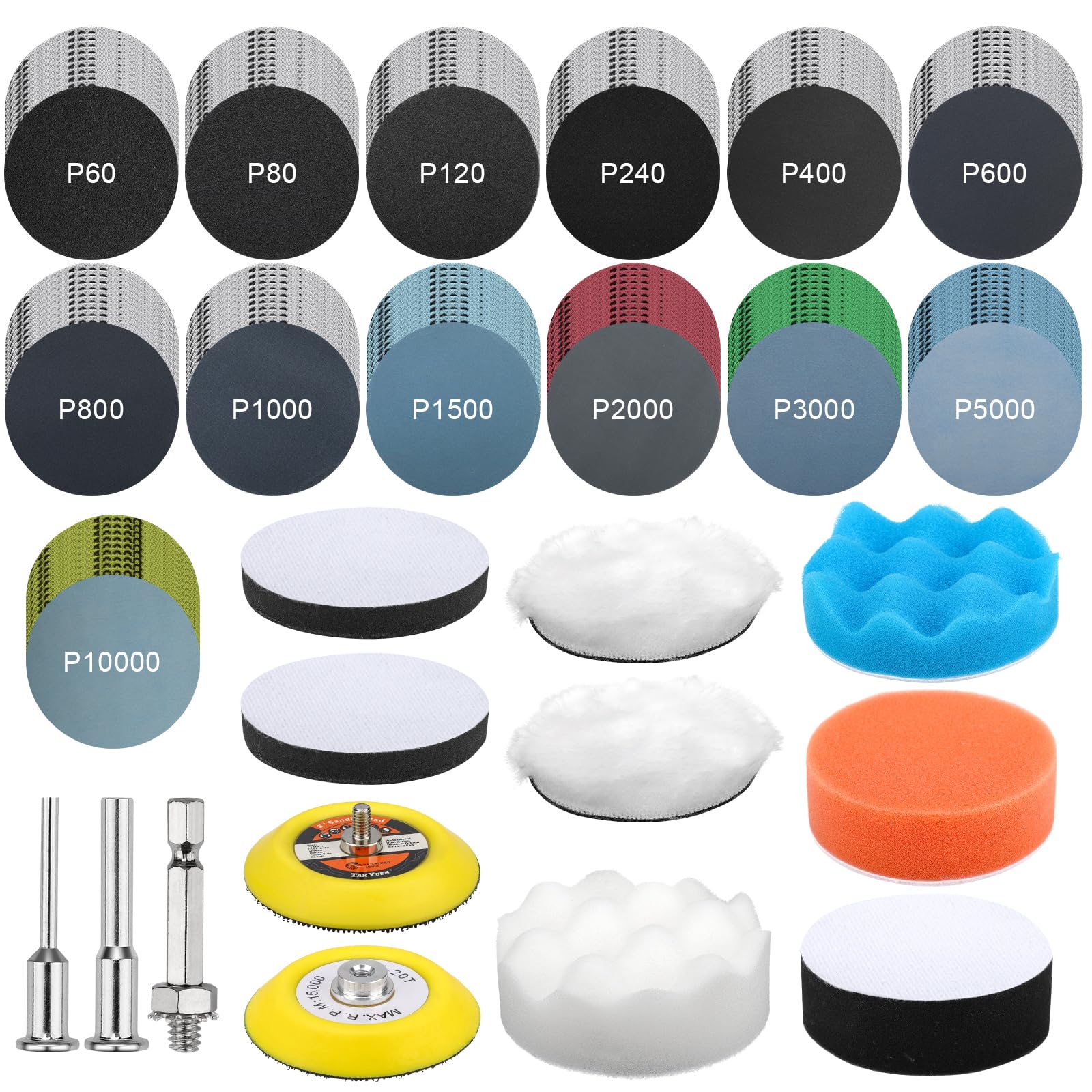 Set di 143 punte lucidanti per avvitatore a batteria, dischi abrasivi da 3 pollici, 75 mm, carta vetrata bagnata e asciutta, set di lucidatura per fari, set di lucidatura per auto, metallo, legno