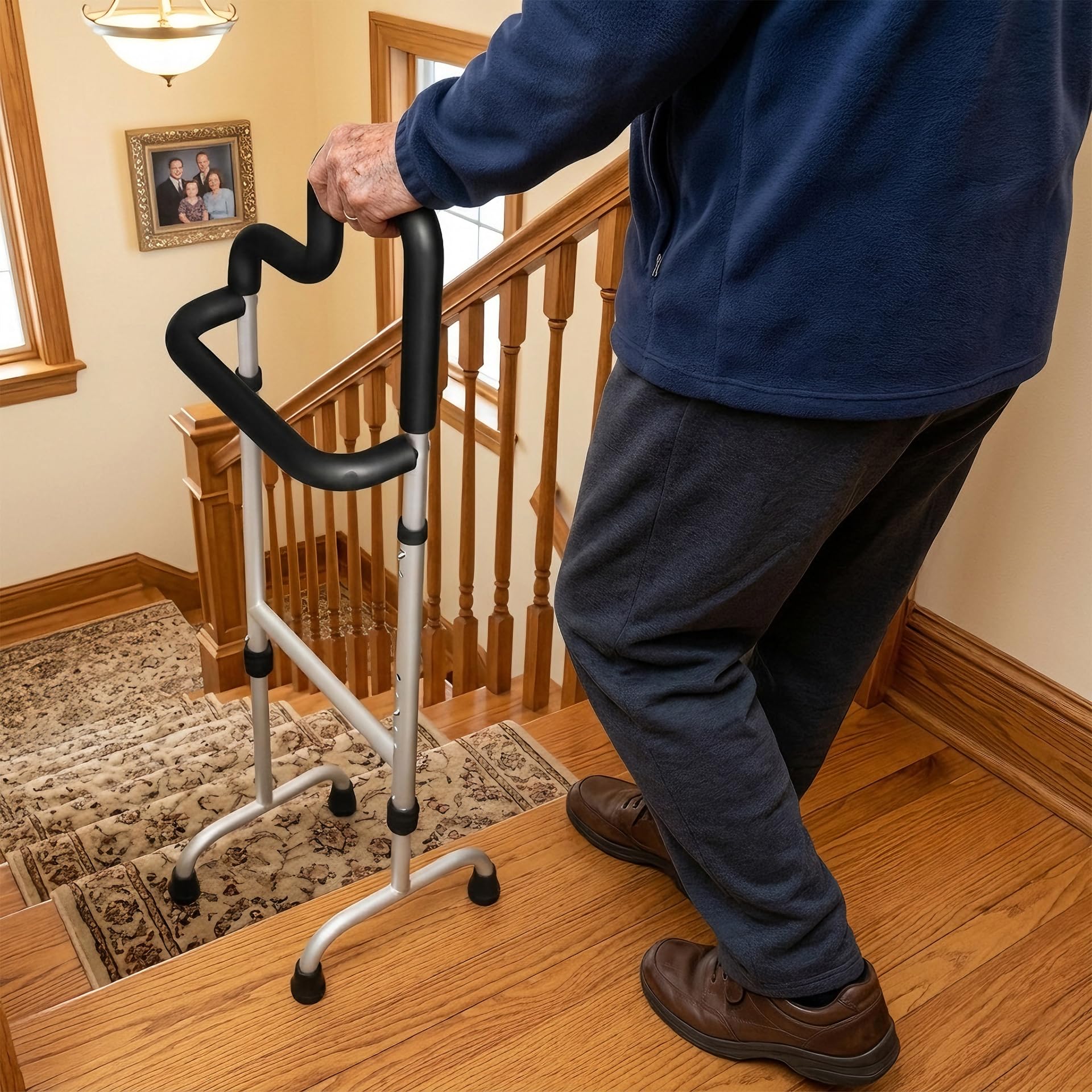 Bastón de escalera, ayuda para subir y bajar escaleras, bastón de estabilidad ajustable con doble agarre y mango de barra transversal, ayuda de movilidad para dolor de rodilla y cadera y piernas