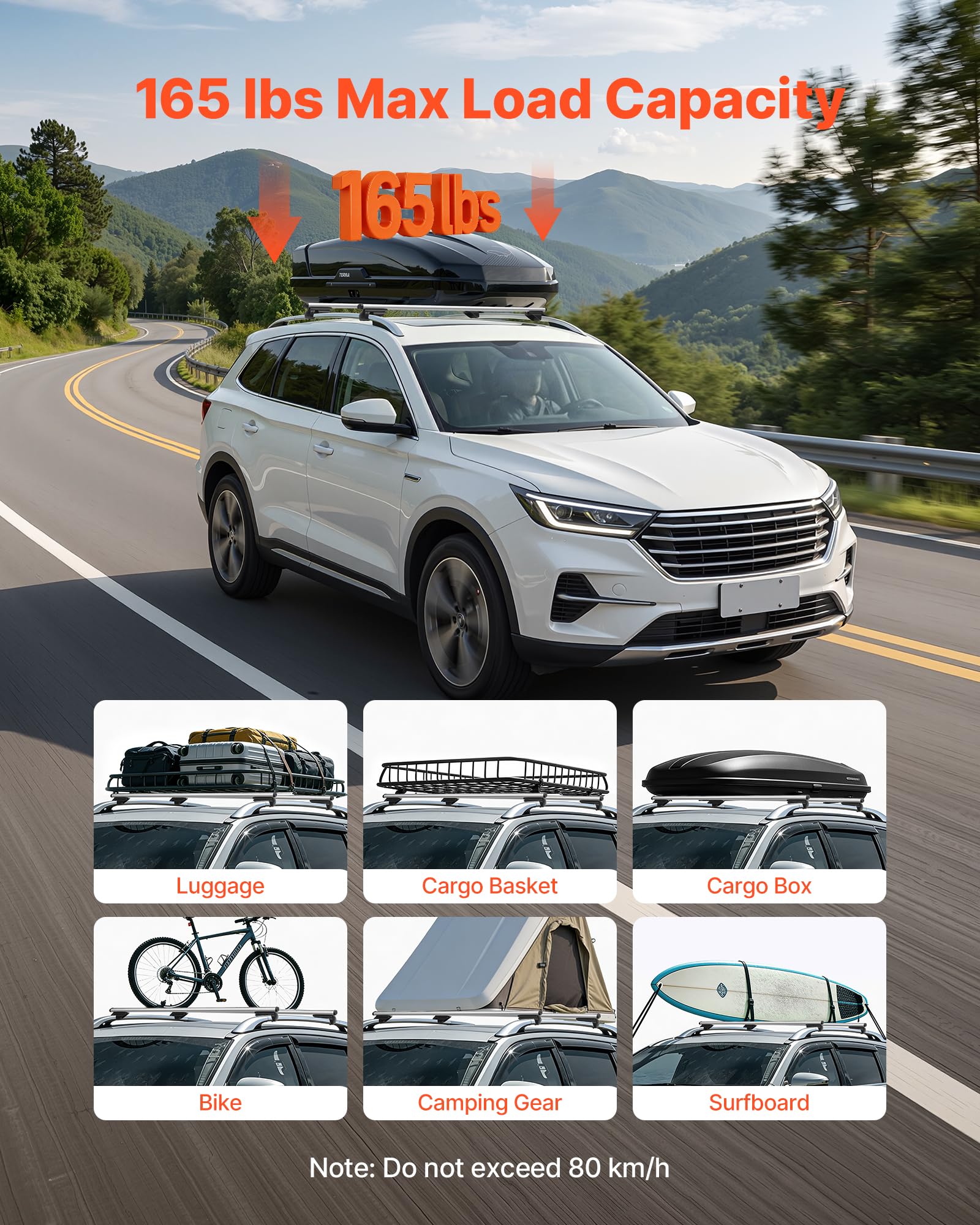 VEVOR Barres Transversales de Toit, Barre Porte Bagages Charge 75 kg 135 cm, pour Rails de Toit Surélevés avec Écartement 21-121 cm, en Aluminium, pour Panier Porte-Bagages Galerie Camping Voyage