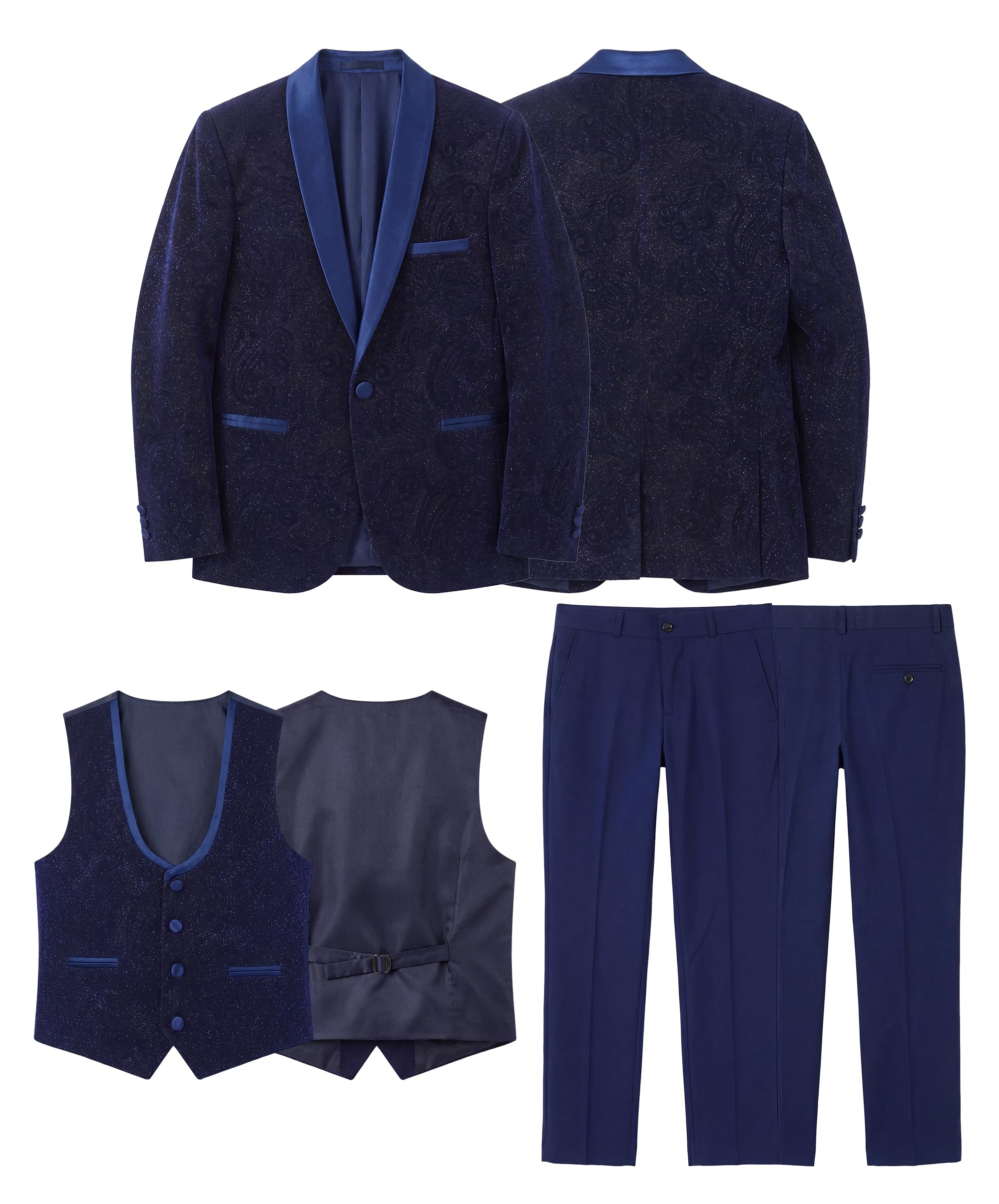 SIRRI Abito da Sposa Smoking luccicante da Paggio per Ragazzi in Set da 5 Pezzi Slim Fit Blu Navy per Occasioni Speciali