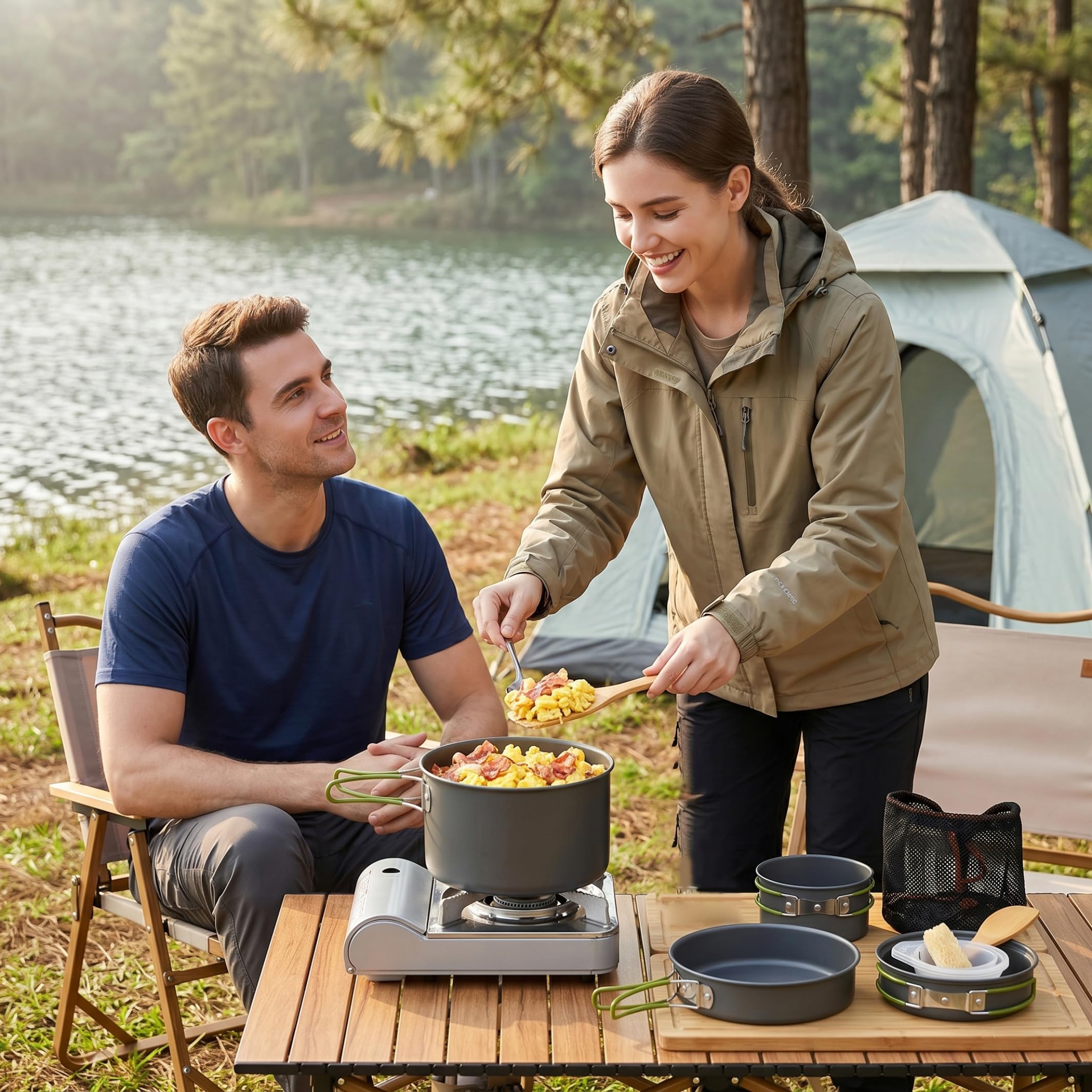 Set di pentole da campeggio da campeggio, set da cucina portatile per 2-3 persone, pentole e padelle in alluminio leggero con manici pieghevoli per escursionismo, picnic, pesca all'aperto