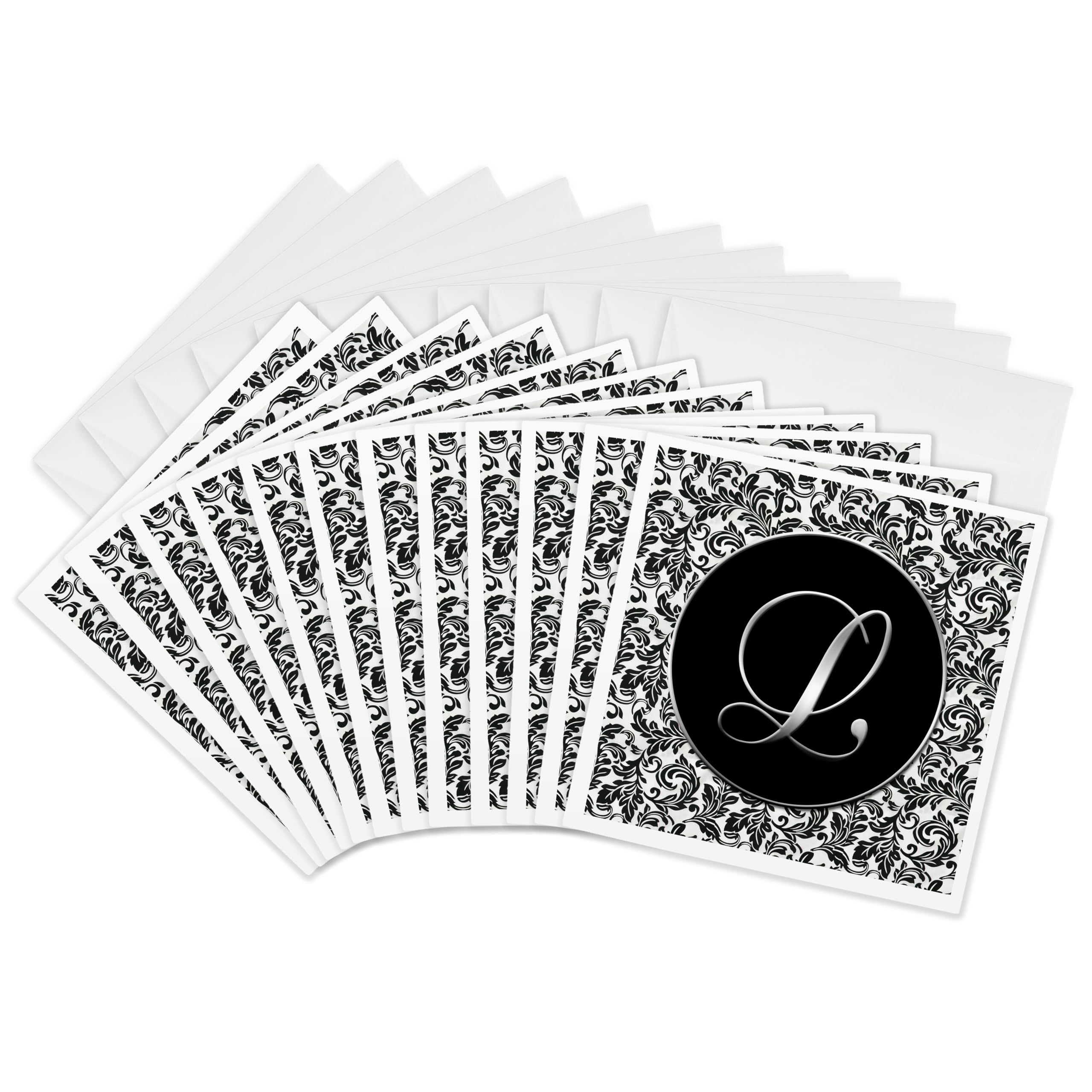 3dRose gc_38761_2 6 x 6-Inch "Letter L - Black and White Damask" Greeting Card (Pack of 12)