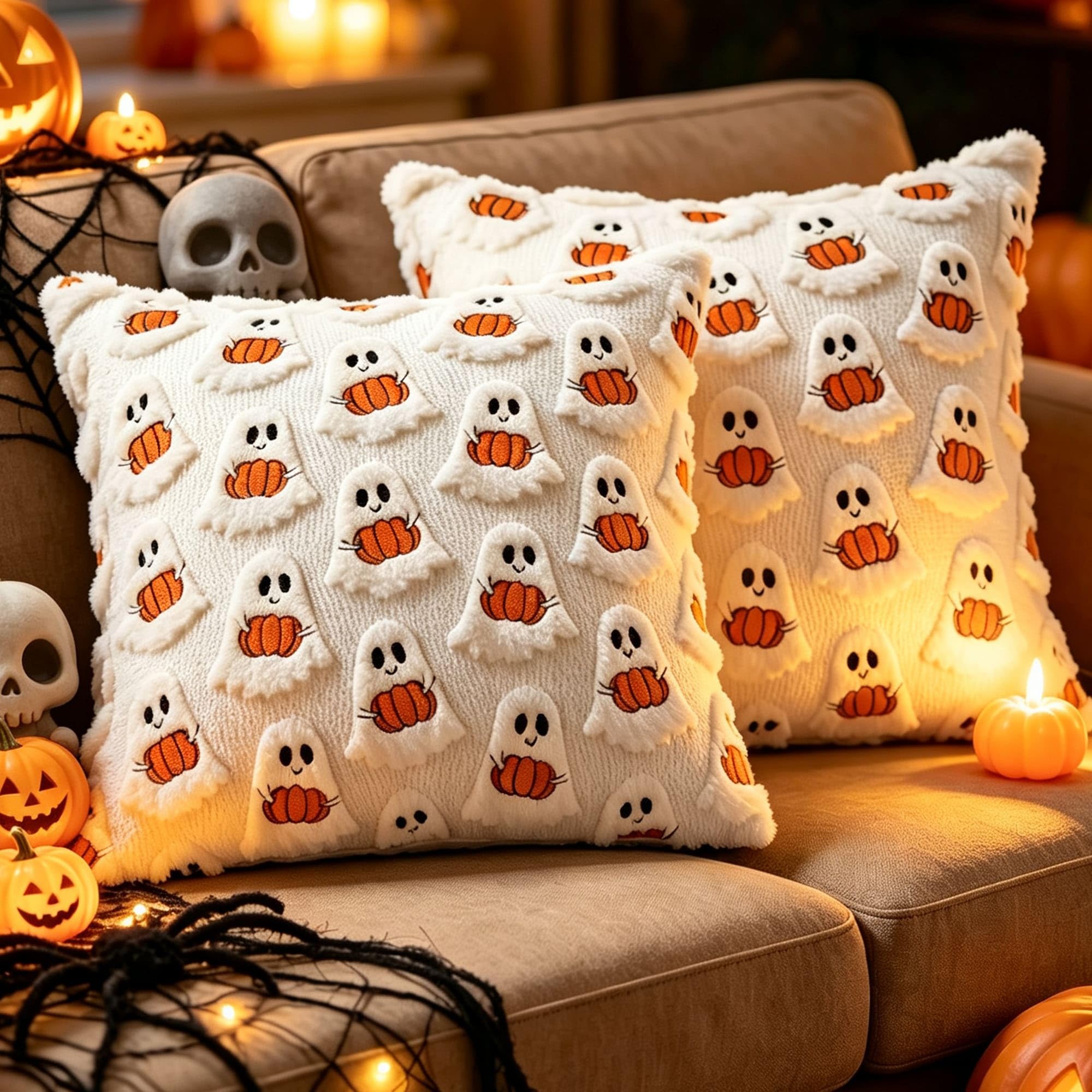 Halloween Ghost Pillow Covers Set of 2-18x18, Cream Plush Fluffy Washable
