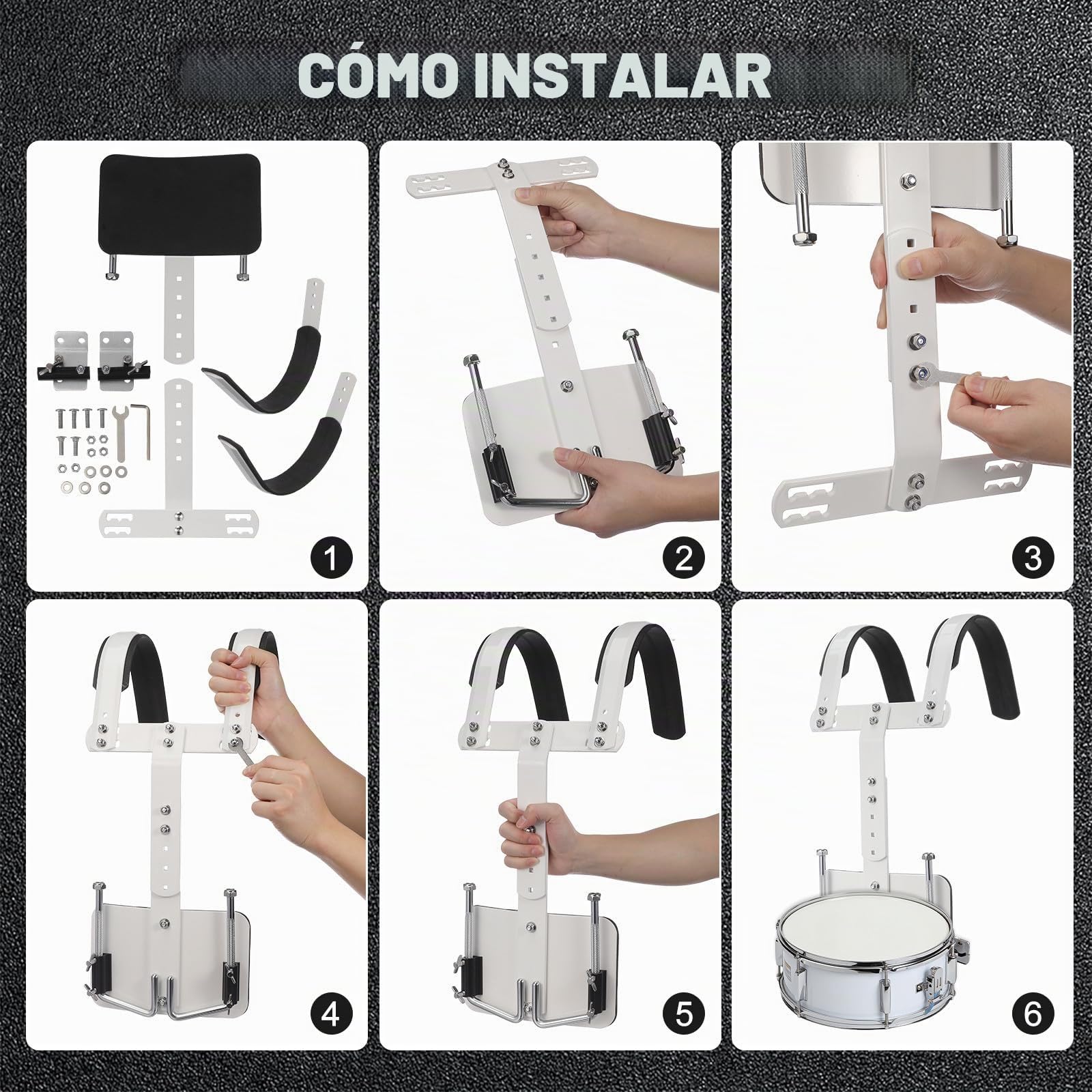Arnés Tambor Ajustable para Caja de Percusión de Marcha de Aleación de Aluminio Blanco Ligero y Fácil de Montar y Transportar