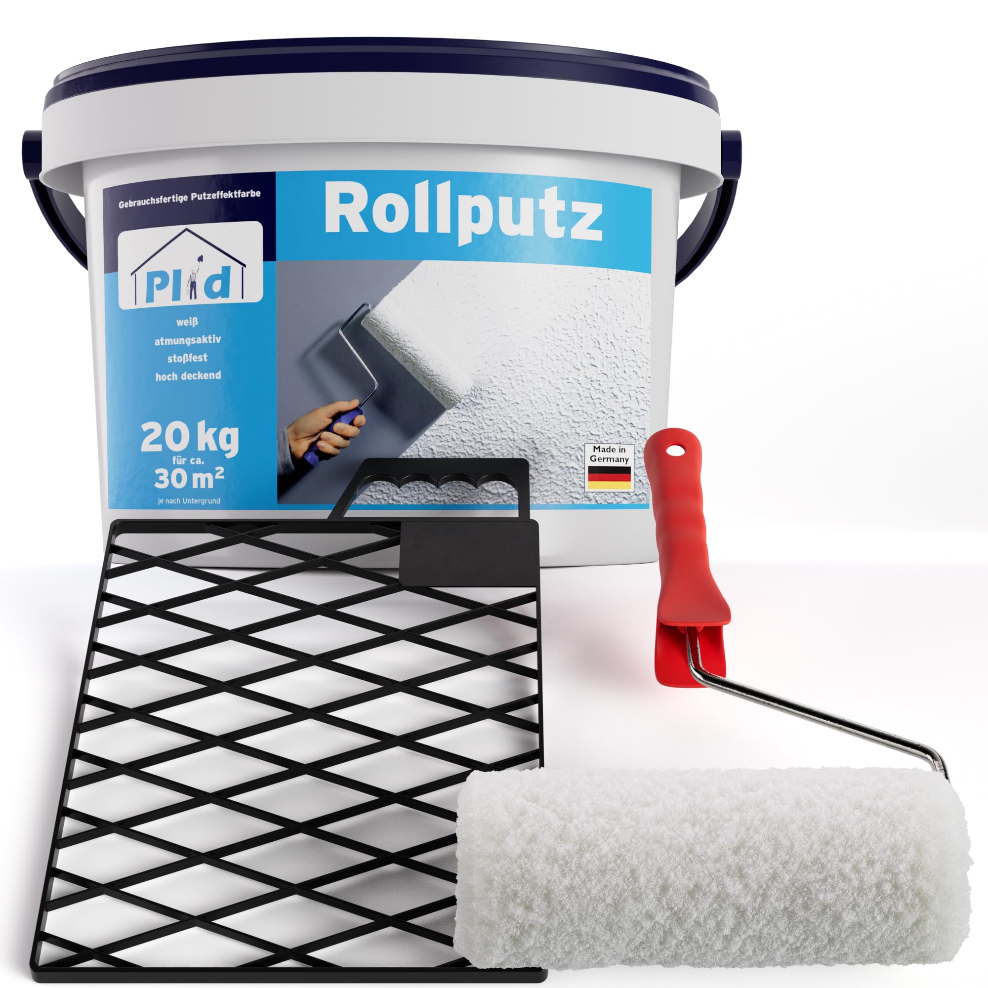 Plid Rollputz Weiß Matt 20 kg Set - Streichputz Innen & Außen | Atmungsaktiv & hochdeckend | Strukturputz & Dekorputz | Strukturfarbe innen Wand | ca. 30 m² | Made in Germany
