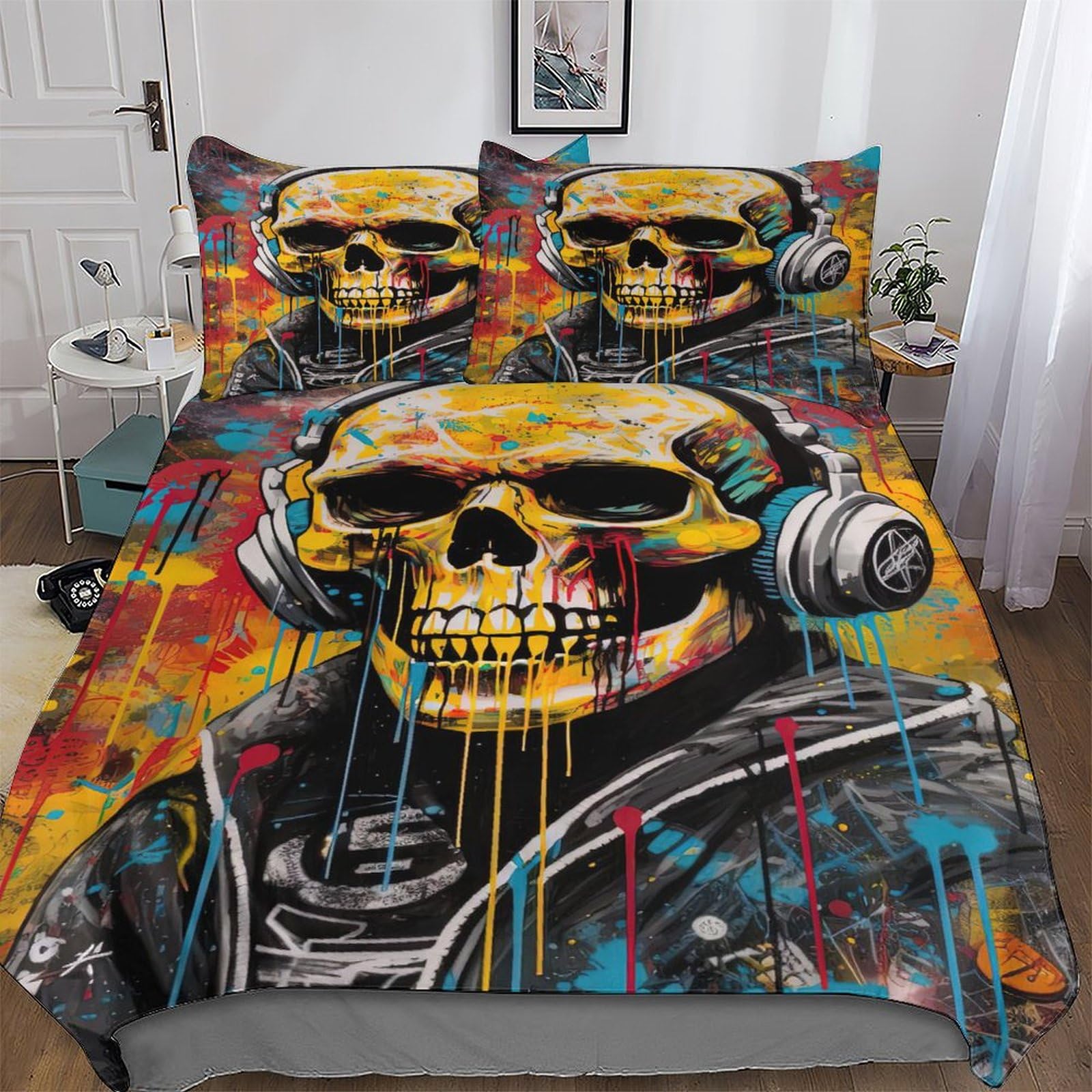 Ggjjtt Graffiti Skull Pattern Soft Microfiber Duvet Cover With Pillowcases Comforter Cove Polyester Quilt Covers For Adults Kids Bedding Double 200X200cm