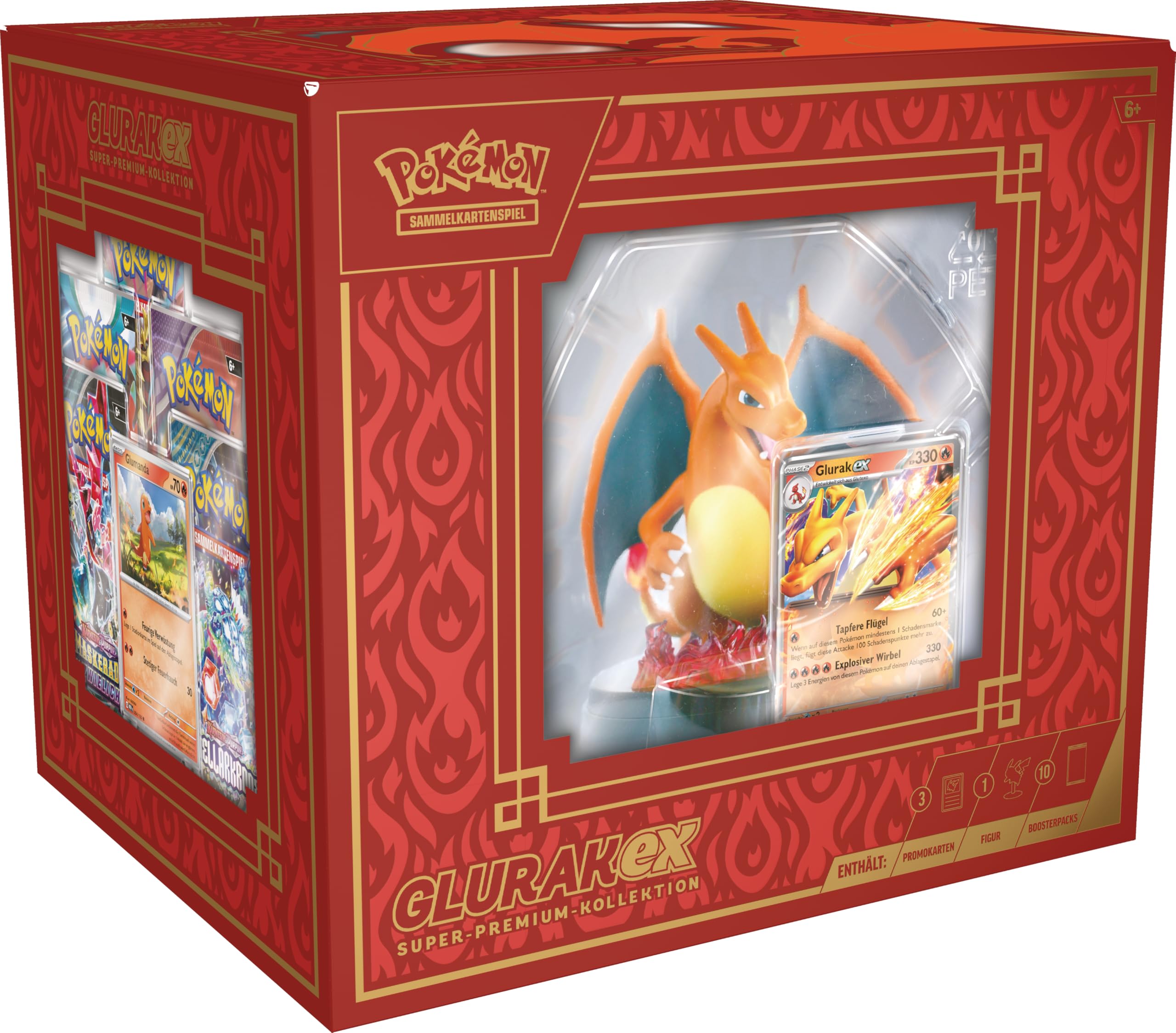 Pokémon - Juego de Cartas coleccionables: colección Super Premium Glurak-ex (3 Cartas promocionales holográficas, 1 Figura de visualización de Cartas y 10 Paquetes de Refuerzos)