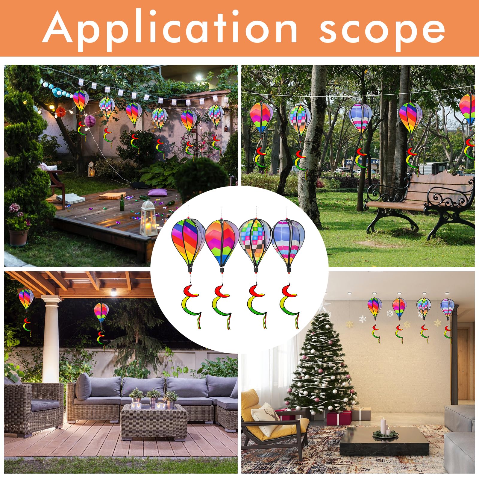 Set di 4 scacciapensieri con decorazione a mongolfiera, 110 cm, con telaio in PVC, resistente ai raggi UV, per terrazze e balconi