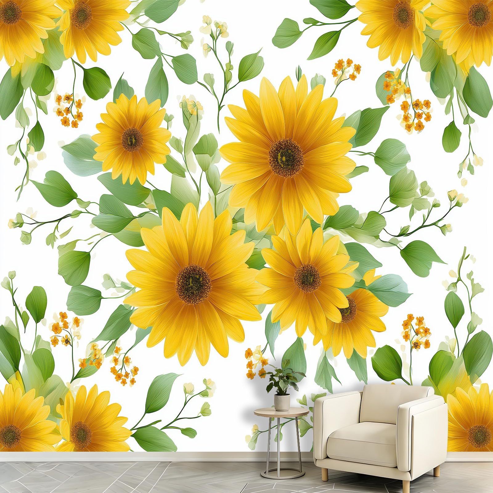 Carta da parati fotografica con foglie verdi girasole 300 x 210 cm (larghezza x altezza), stampa artistica di alta qualità, motivo floreale dipinto a mano, decorazione per la casa, per camera da letto